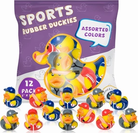 Sports-Themed Rubber Duckies - Rubber Ducky Bath Toy Set, 2" Hockey, Baseball, Football, Basketball, and Soccer Mini Rubber Ducks - Durable Mini Ducks for Kids of All (Baseball - Pack of 12)