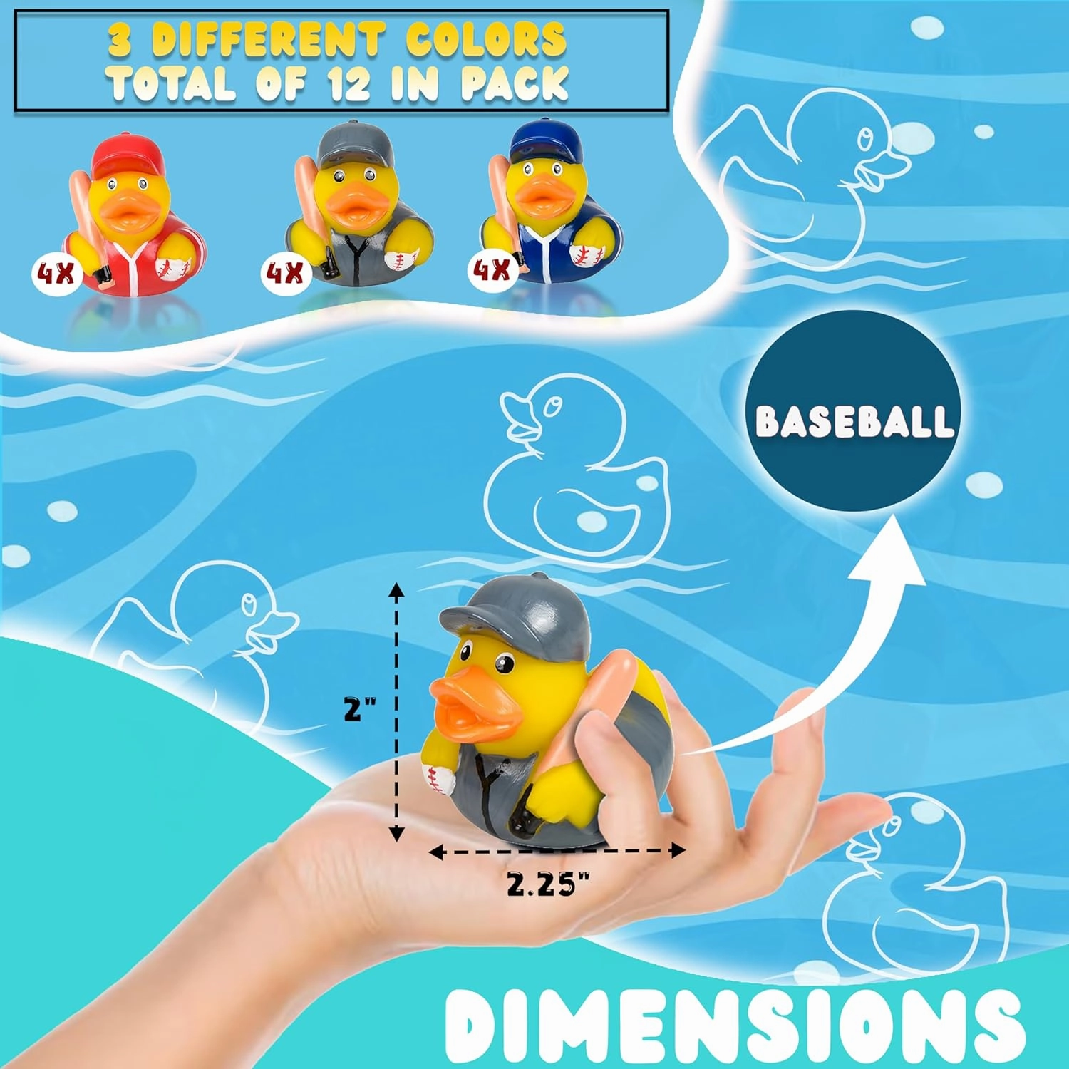 Sports-Themed Rubber Duckies - Rubber Ducky Bath Toy Set, 2" Hockey, Baseball, Football, Basketball, and Soccer Mini Rubber Ducks - Durable Mini Ducks for Kids of All (Baseball - Pack of 12)