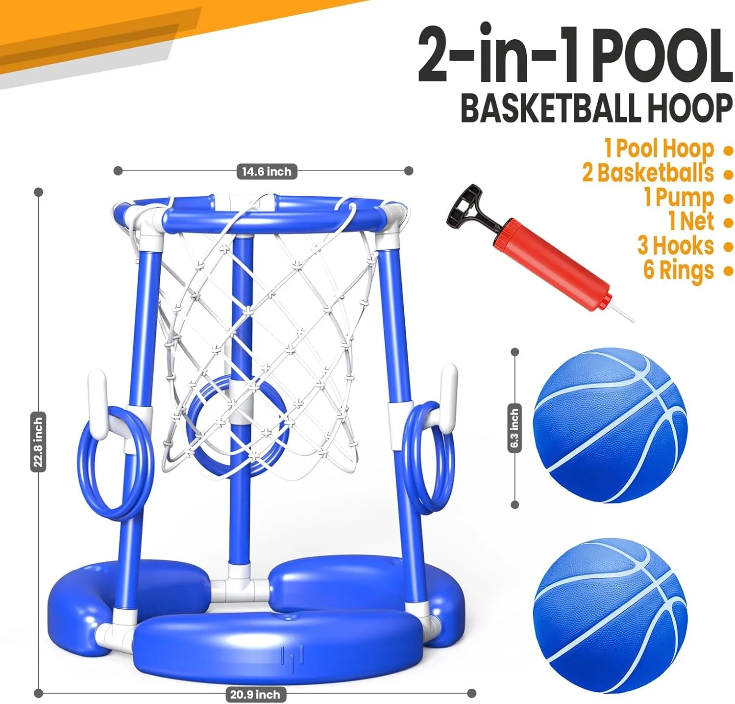SpringFlower Pool Basketball Hoop, Summer Swimming Pool Floating Basketball Pool Toy, 2 in 1 Kids & Adults Summer Pool Outdoor Play with Ring Toss, 2 Pcs Balls,Pump, Blue