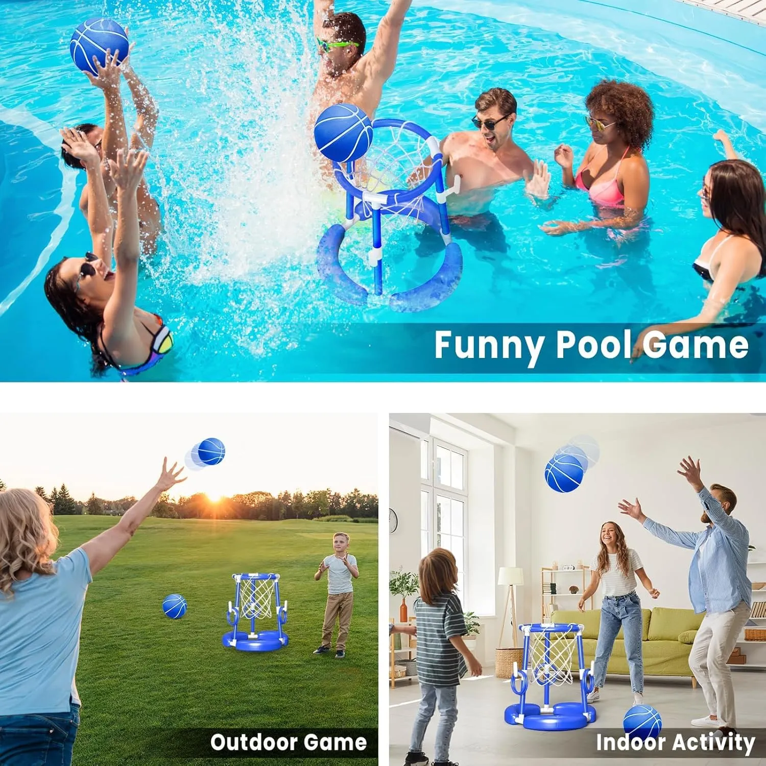 SpringFlower Pool Basketball Hoop, Summer Swimming Pool Floating Basketball Pool Toy, 2 in 1 Kids & Adults Summer Pool Outdoor Play with Ring Toss, 2 Pcs Balls,Pump, Blue