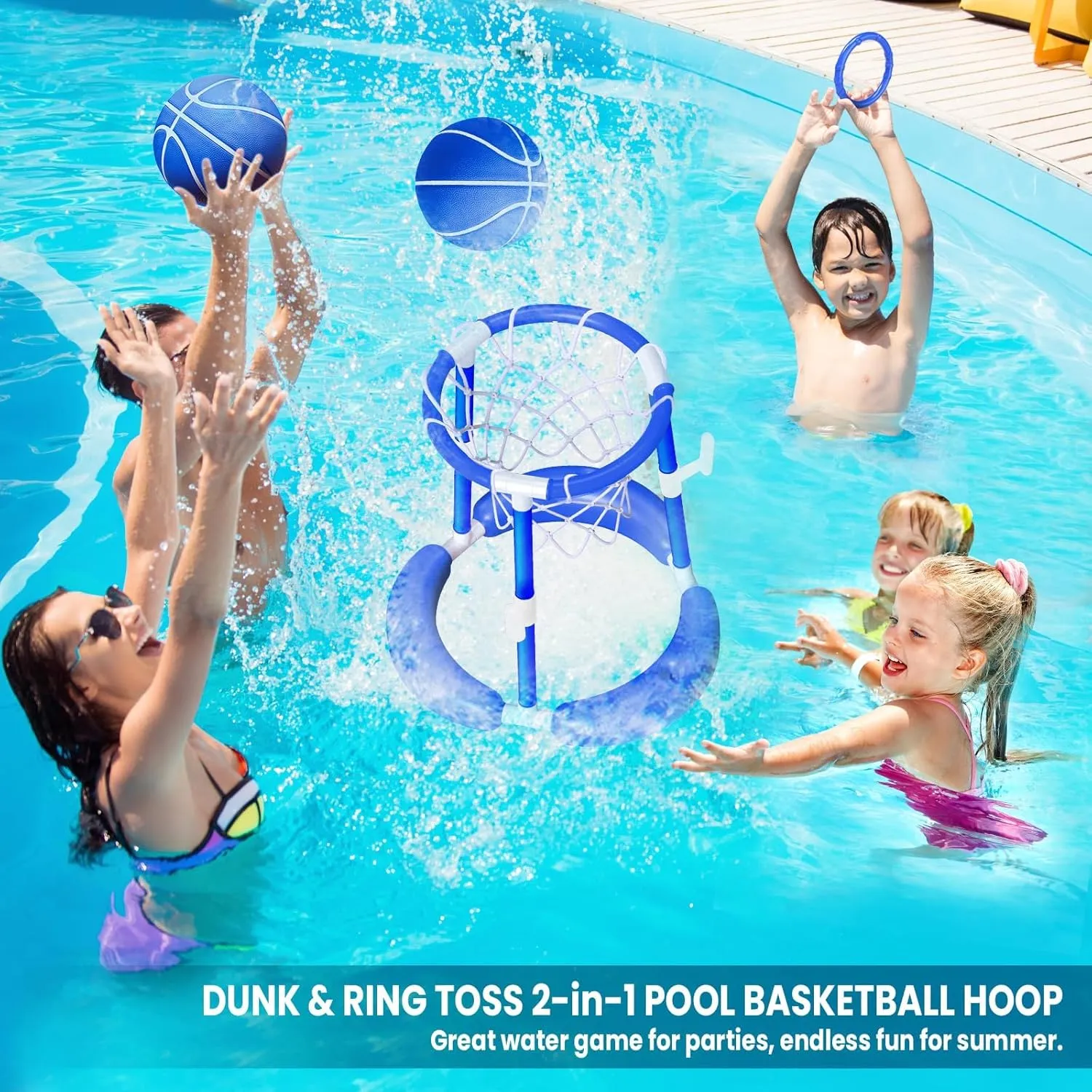 SpringFlower Pool Basketball Hoop, Summer Swimming Pool Floating Basketball Pool Toy, 2 in 1 Kids & Adults Summer Pool Outdoor Play with Ring Toss, 2 Pcs Balls,Pump, Blue