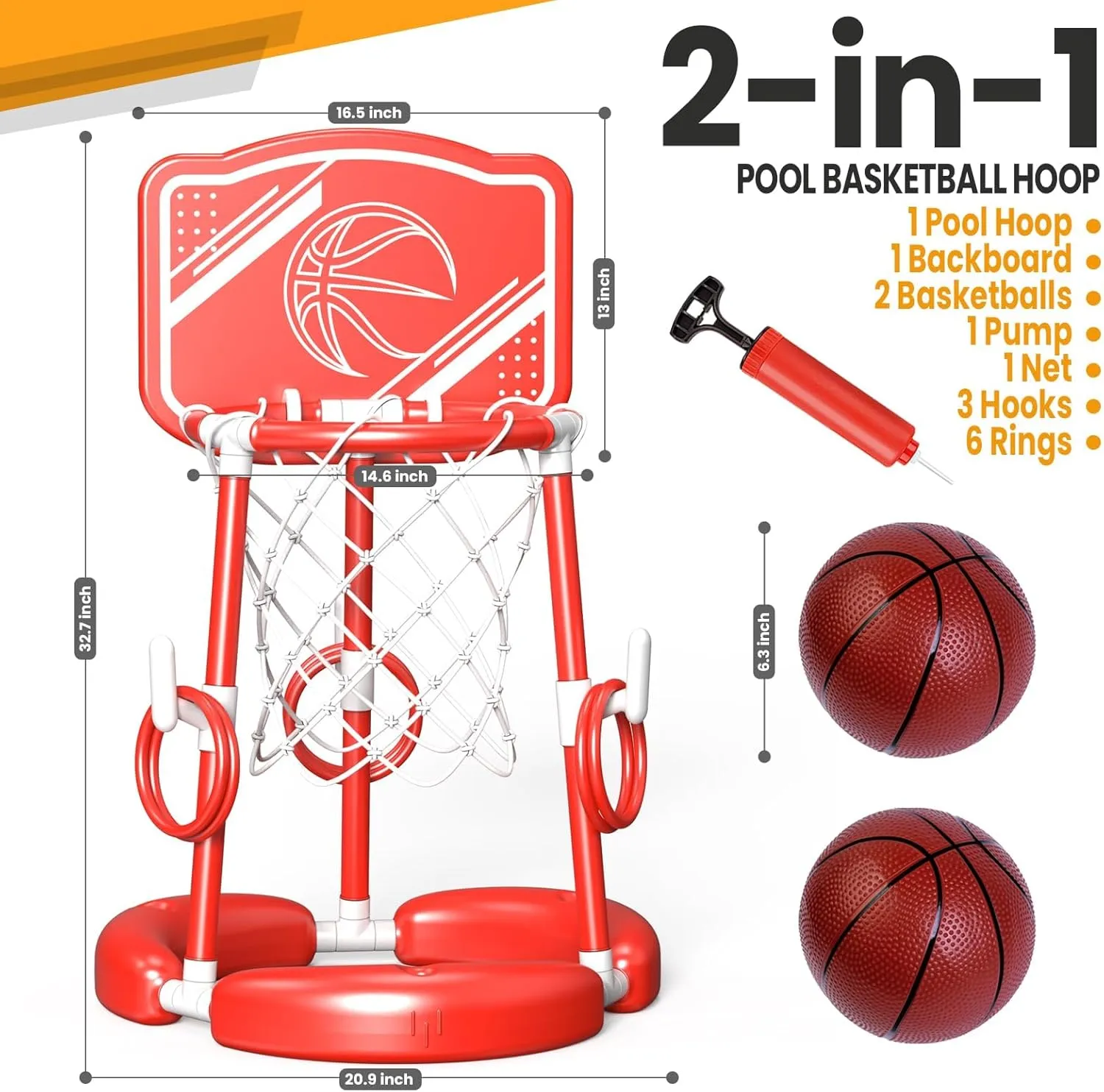 SpringFlower Pool Basketball Hoop with Backboard, Floating Basketball Pool Hoop,Kids & Adults Swimming Pool Game with Ring Toss, 2 Pcs Balls and Pump, Red