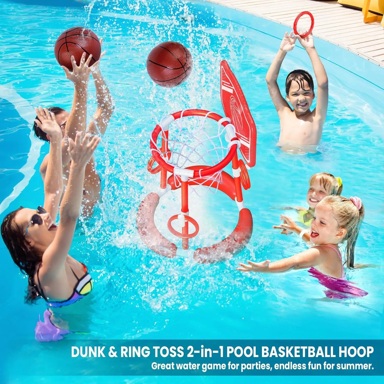 SpringFlower Pool Basketball Hoop with Backboard, Floating Basketball Pool Hoop,Kids & Adults Swimming Pool Game with Ring Toss, 2 Pcs Balls and Pump, Red
