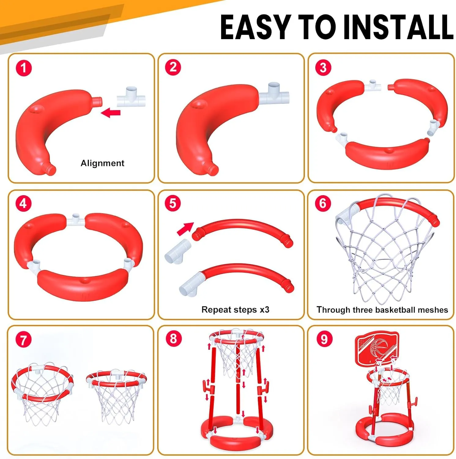 SpringFlower Pool Basketball Hoop with Backboard, Floating Basketball Pool Hoop,Kids & Adults Swimming Pool Game with Ring Toss, 2 Pcs Balls and Pump, Red