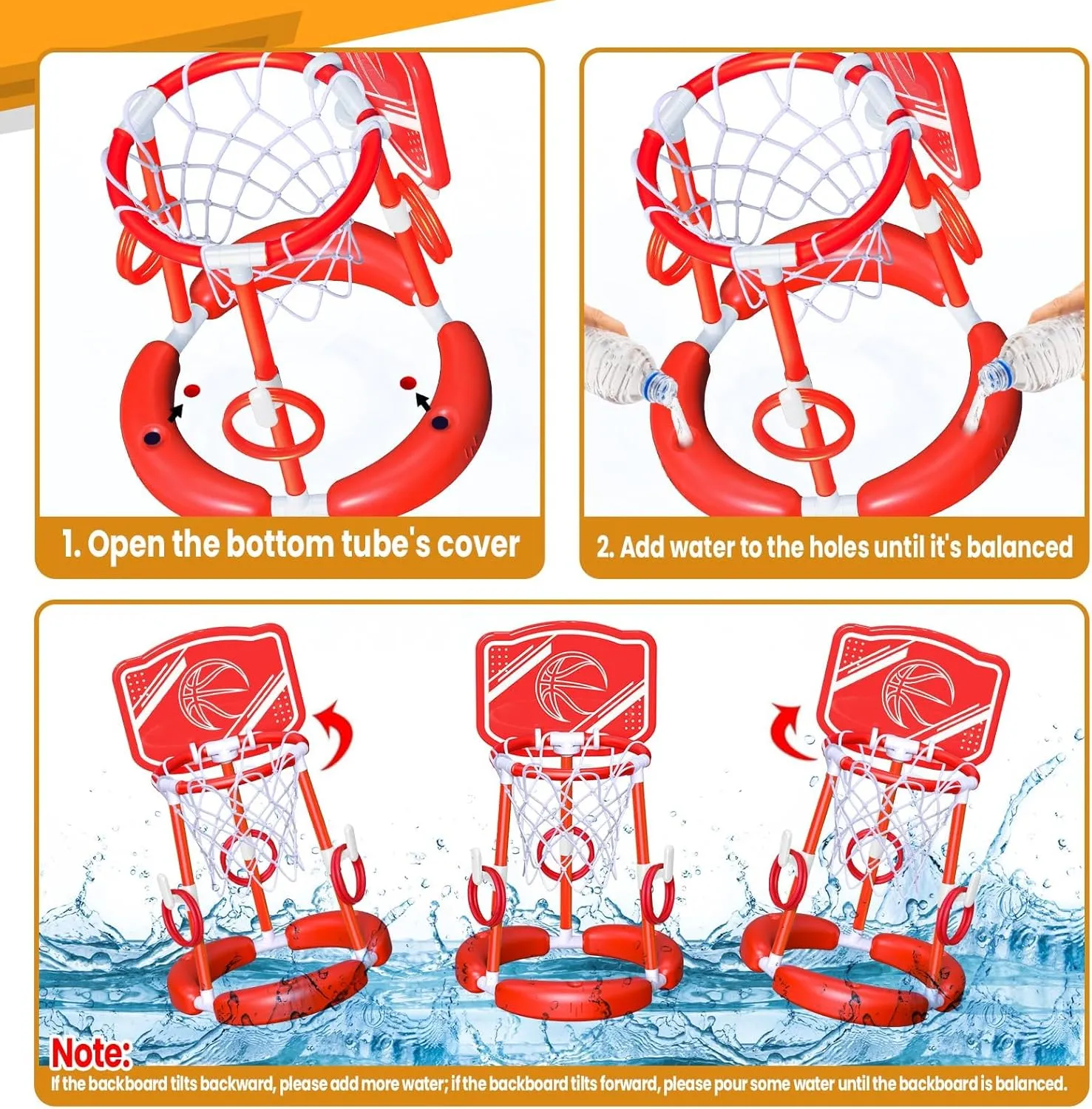 SpringFlower Pool Basketball Hoop with Backboard, Floating Basketball Pool Hoop,Kids & Adults Swimming Pool Game with Ring Toss, 2 Pcs Balls and Pump, Red