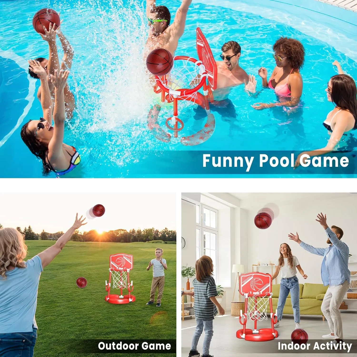SpringFlower Pool Basketball Hoop with Backboard, Floating Basketball Pool Hoop,Kids & Adults Swimming Pool Game with Ring Toss, 2 Pcs Balls and Pump, Red