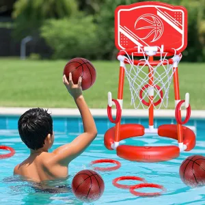 SpringFlower Pool Basketball Hoop with Backboard, Floating Basketball Pool Hoop,Kids & Adults Swimming Pool Game with Ring Toss, 2 Pcs Balls and Pump, Red