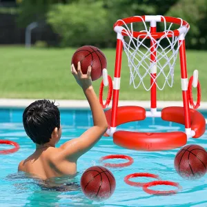 SpringFlower Pool Basketball Hoop,Floating Pool Toys Ring Game with Ring Toss, Balls and Pump, 2-in-1 Summer Outdoor Swimming Pool Basketball Games Play Toy Family Party for Kids Adults, Red