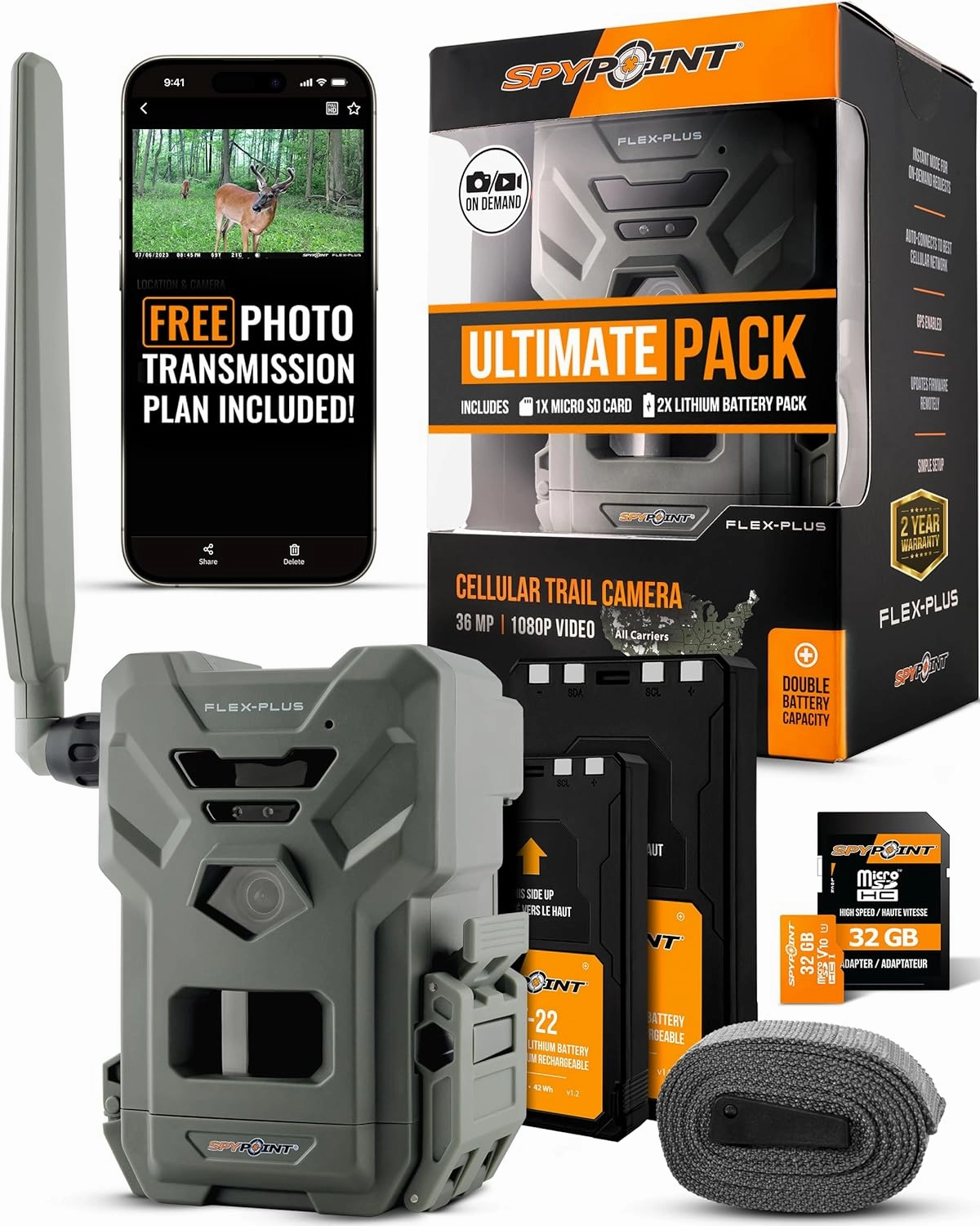 SPYPOINT Flex-Plus Ultimate Pack Cellular Trail Camera, 36MP Photos and 1080p Videos w/Sound, Double The Battery Capacity, GPS-Enabled, Dual-SIM LTE Connectivity, 100' Flash & Detection Range