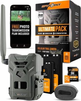 SPYPOINT Flex-Plus Ultimate Pack Cellular Trail Camera, 36MP Photos and 1080p Videos w/Sound, Double The Battery Capacity, GPS-Enabled, Dual-SIM LTE Connectivity, 100' Flash & Detection Range