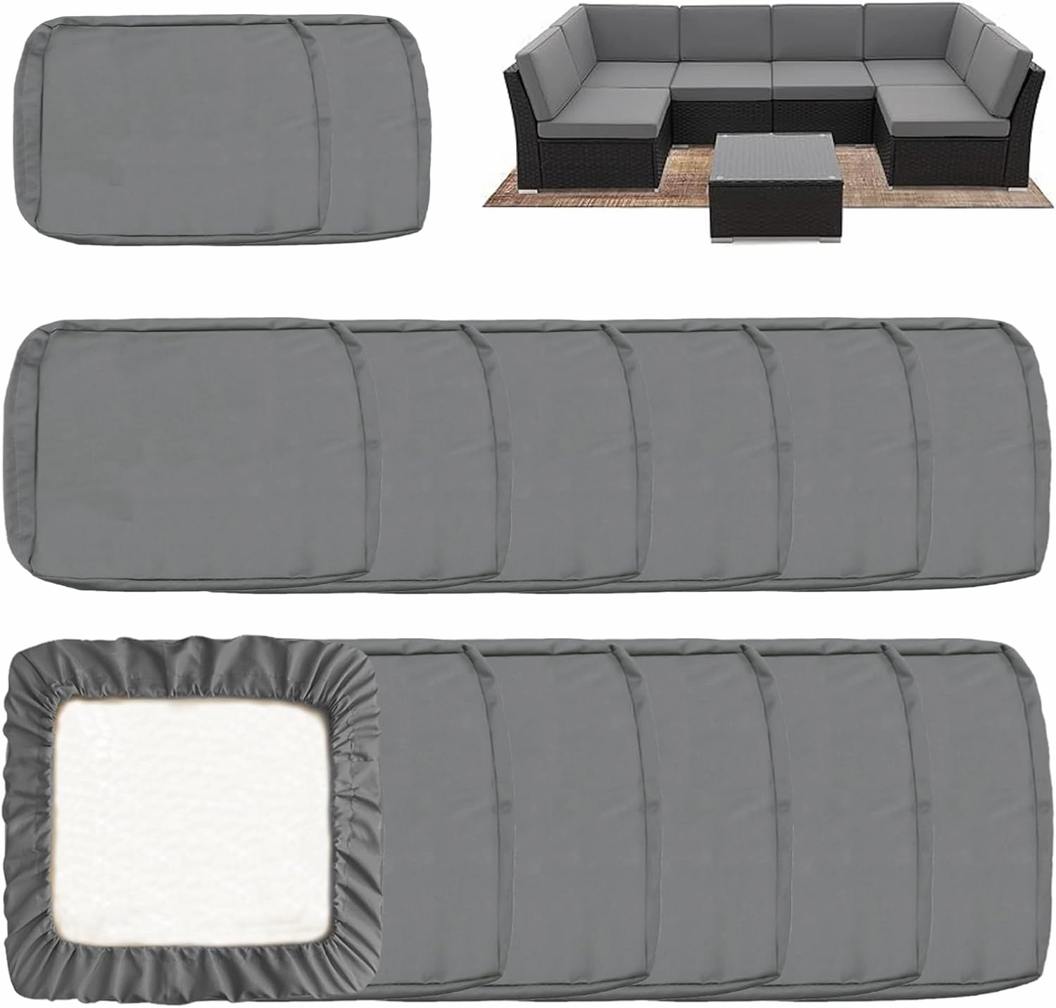 Sqodok Outdoor Cushion Covers 14Pcs Patio Cushion Slipcovers, Replacement Waterproof with Zipper for 6-Seaters Sofa, Outdoor Furniture Cushion Slipcovers Set Seat and Back, Covers Only, Grey