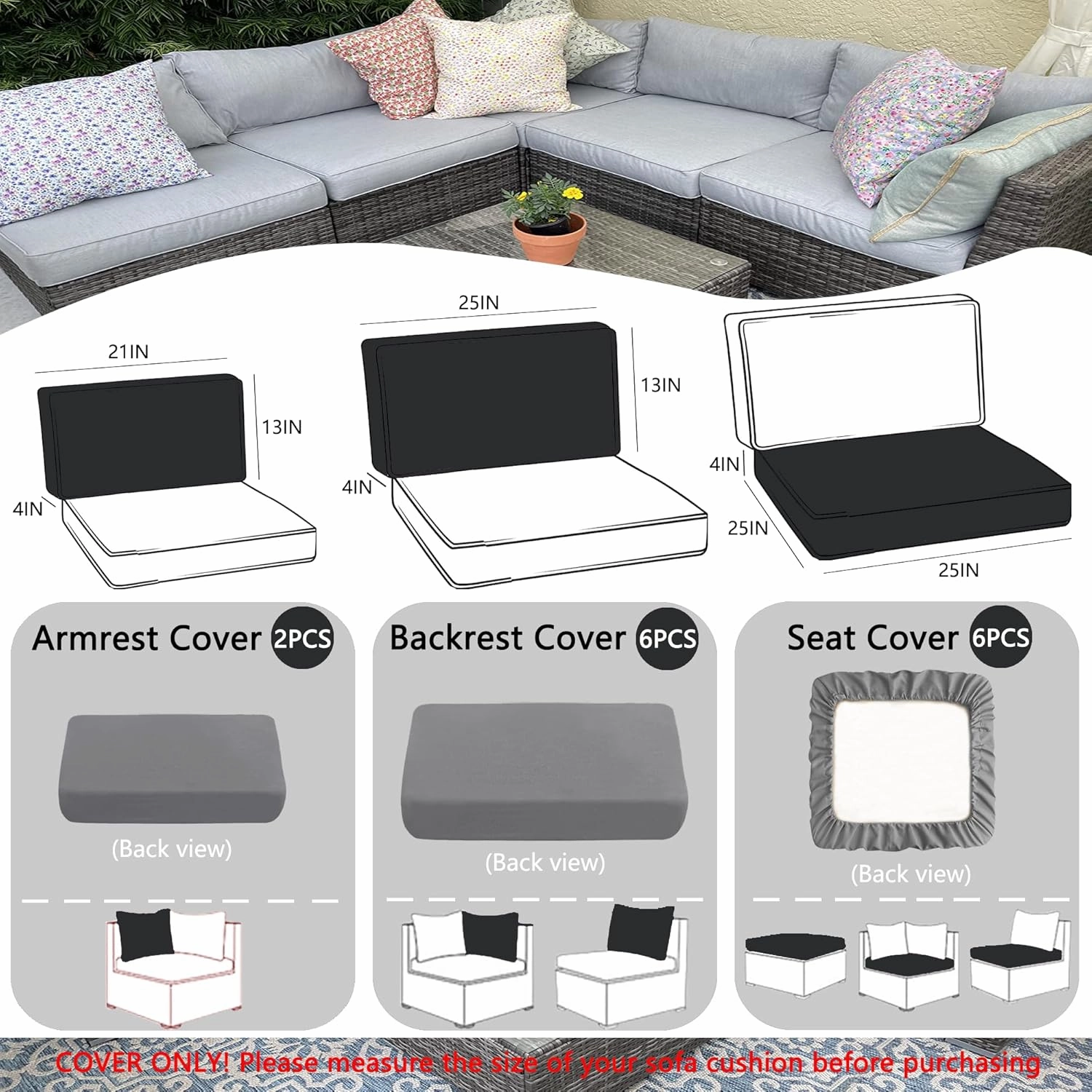 Sqodok Outdoor Cushion Covers 14Pcs Patio Cushion Slipcovers, Replacement Waterproof with Zipper for 6-Seaters Sofa, Outdoor Furniture Cushion Slipcovers Set Seat and Back, Covers Only, Grey