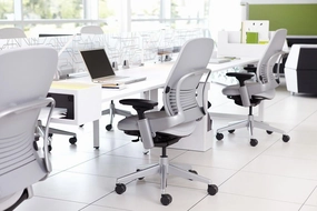 Steelcase Leap V2 Desk Chair in Buzz2 Barley Fabric - 4-Way Highly Adjustable Arms - Black Frame and Base - Soft Dual Wheel Hard Floor Casters