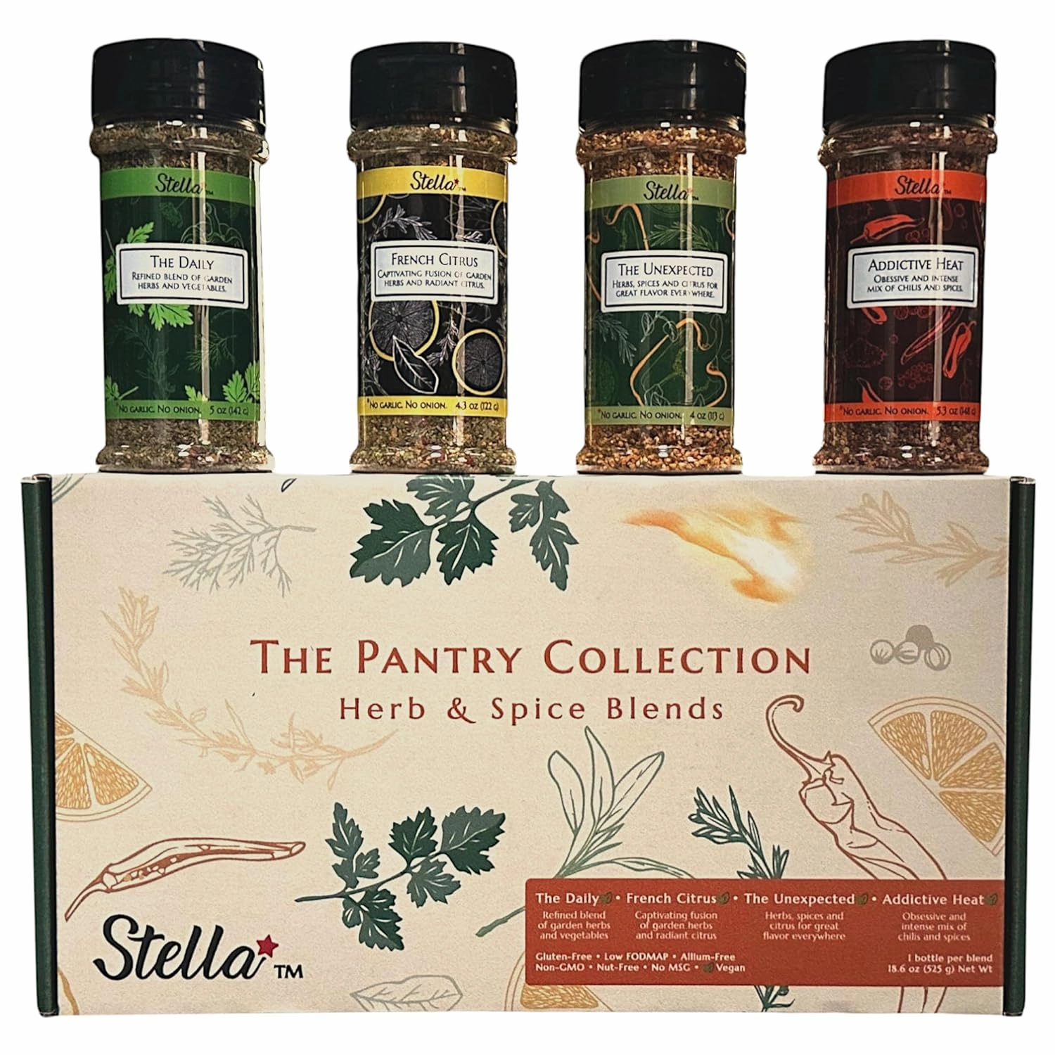 Stella Foods Pantry Collection - Set of 4 Large Bottle Herb & Spice Seasoning Blends, Low FODMAP Seasonings Set, All-Natural, Gluten-Free, Vegan, Kosher, USA Made | Spices and Seasonings for Daily Use