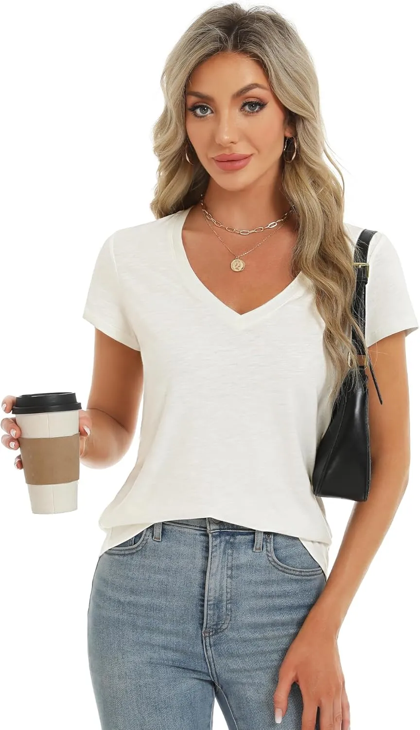 Stelle Womens Modal Soft T Shirts Short Sleeve V Neck Basic Tee Casual Loose Fit Tops Lightweight Soft Summer Outfits Clothes