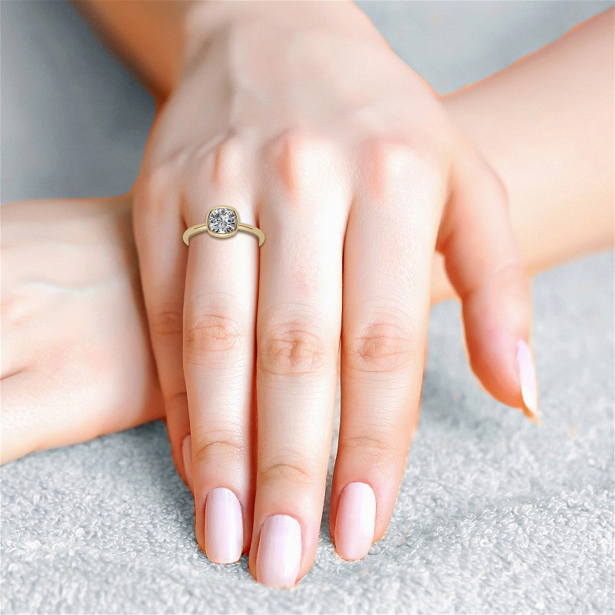 Sterling Silver Cushion-Cut Diamond Adjustable  Engagement Yellow Gold Ring For Woman