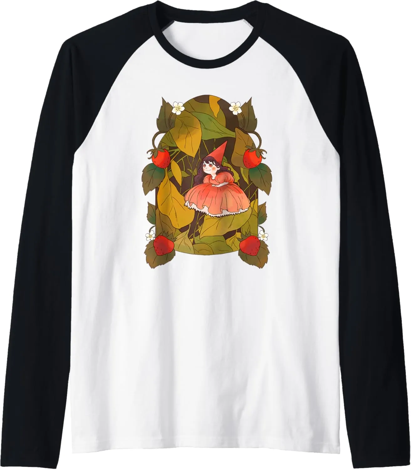 Strawberry Fairy Berries Leaves Fantasy Magic Raglan Baseball Tee