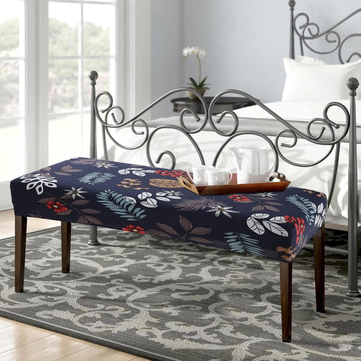 Stretch Dining Bench Cover, Anti-Dust Removable Bench Slipcover Washable Seat Cushion Protector for Bedroom, Kitchen, Hotel, Banquet (Dark Blue)