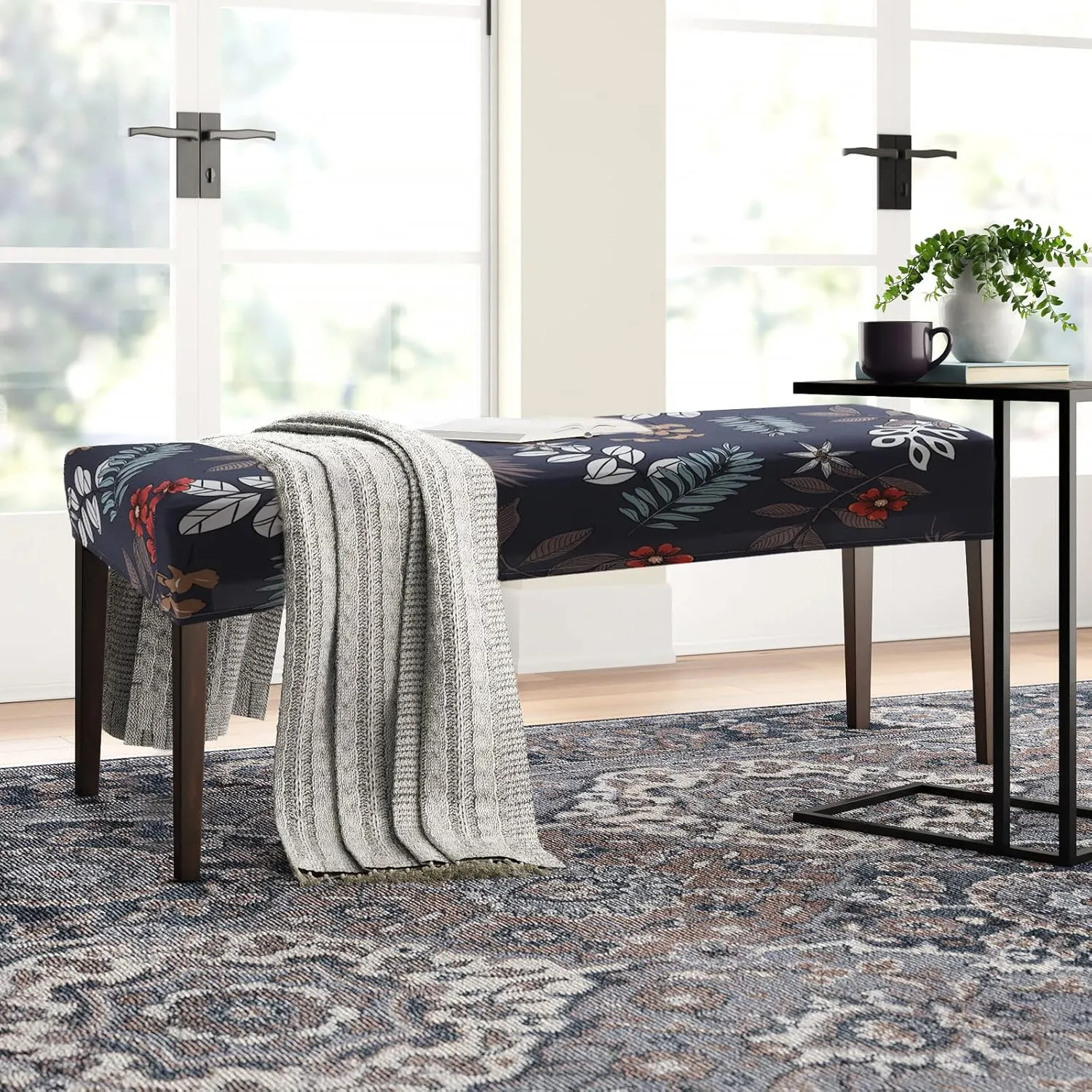Stretch Dining Bench Cover, Anti-Dust Removable Bench Slipcover Washable Seat Cushion Protector for Bedroom, Kitchen, Hotel, Banquet (Dark Blue)