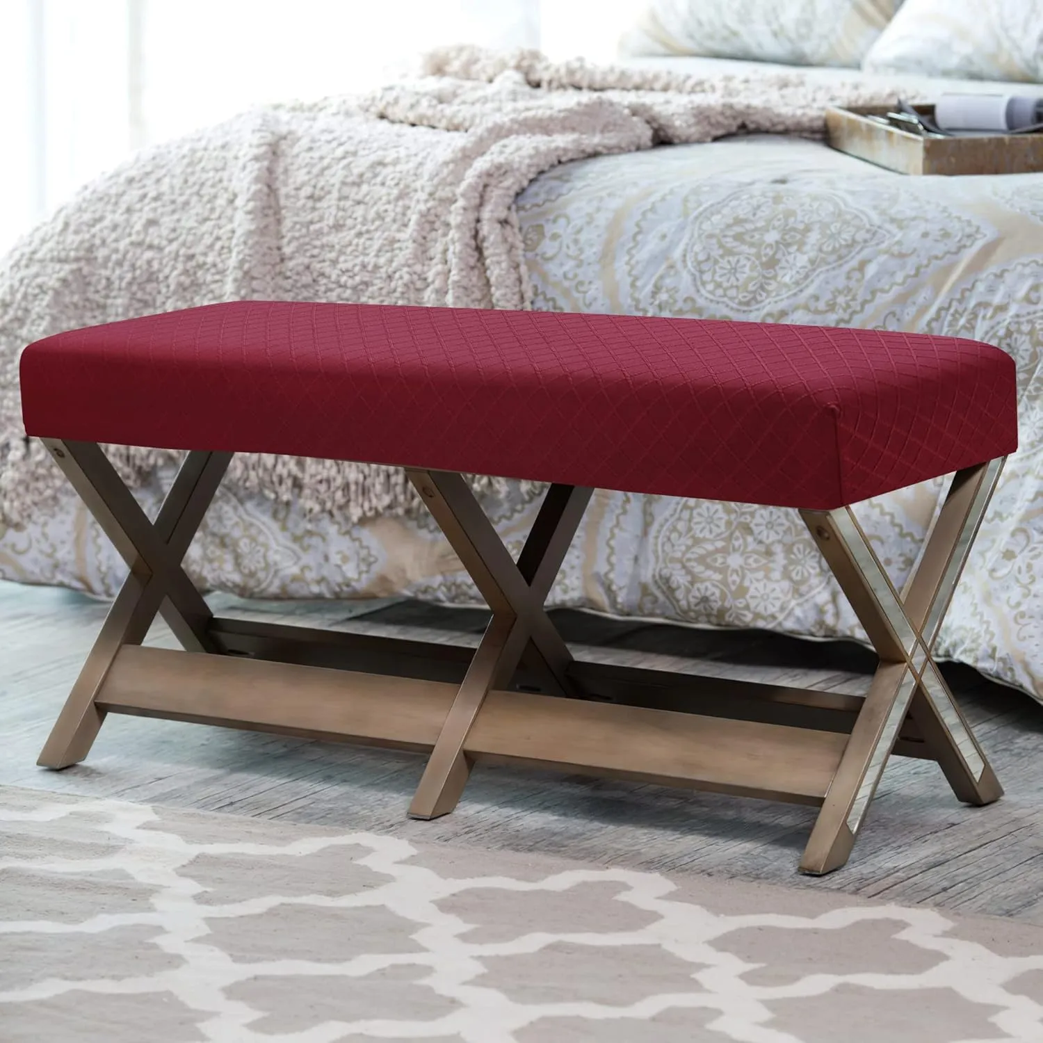 Stretch Jacquard Dining Bench Cover - Anti-Dust Removable Bench Slipcover Washable Seat Cushion Protector for Bedroom, Kitchen, Hotel, Banquet (Burgundy)