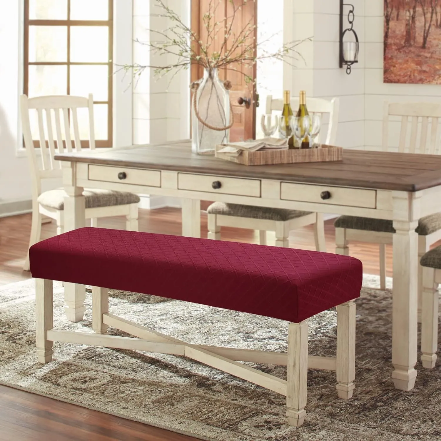 Stretch Jacquard Dining Bench Cover - Anti-Dust Removable Bench Slipcover Washable Seat Cushion Protector for Bedroom, Kitchen, Hotel, Banquet (Burgundy)