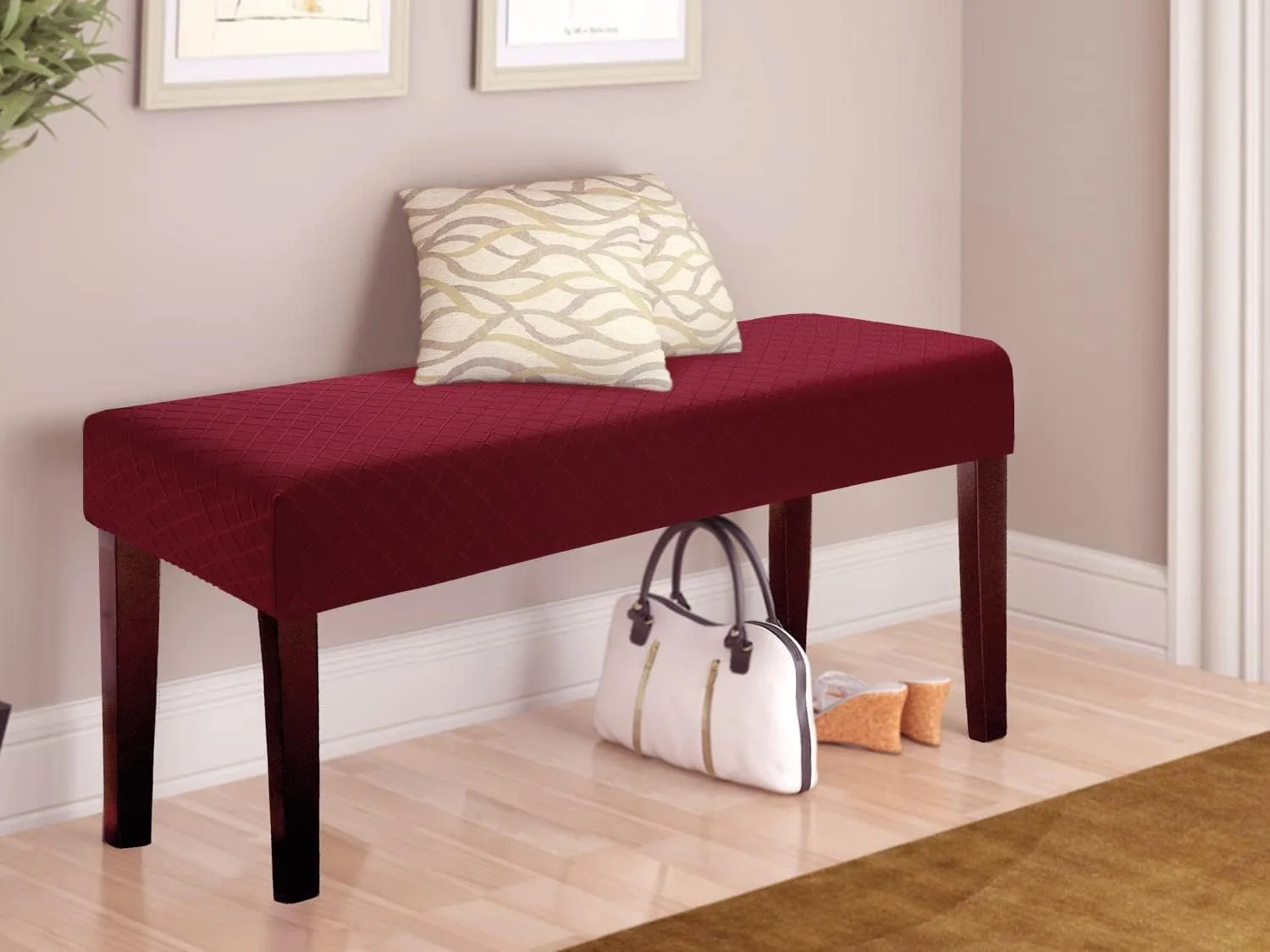 Stretch Jacquard Dining Bench Cover - Anti-Dust Removable Bench Slipcover Washable Seat Cushion Protector for Bedroom, Kitchen, Hotel, Banquet (Burgundy)