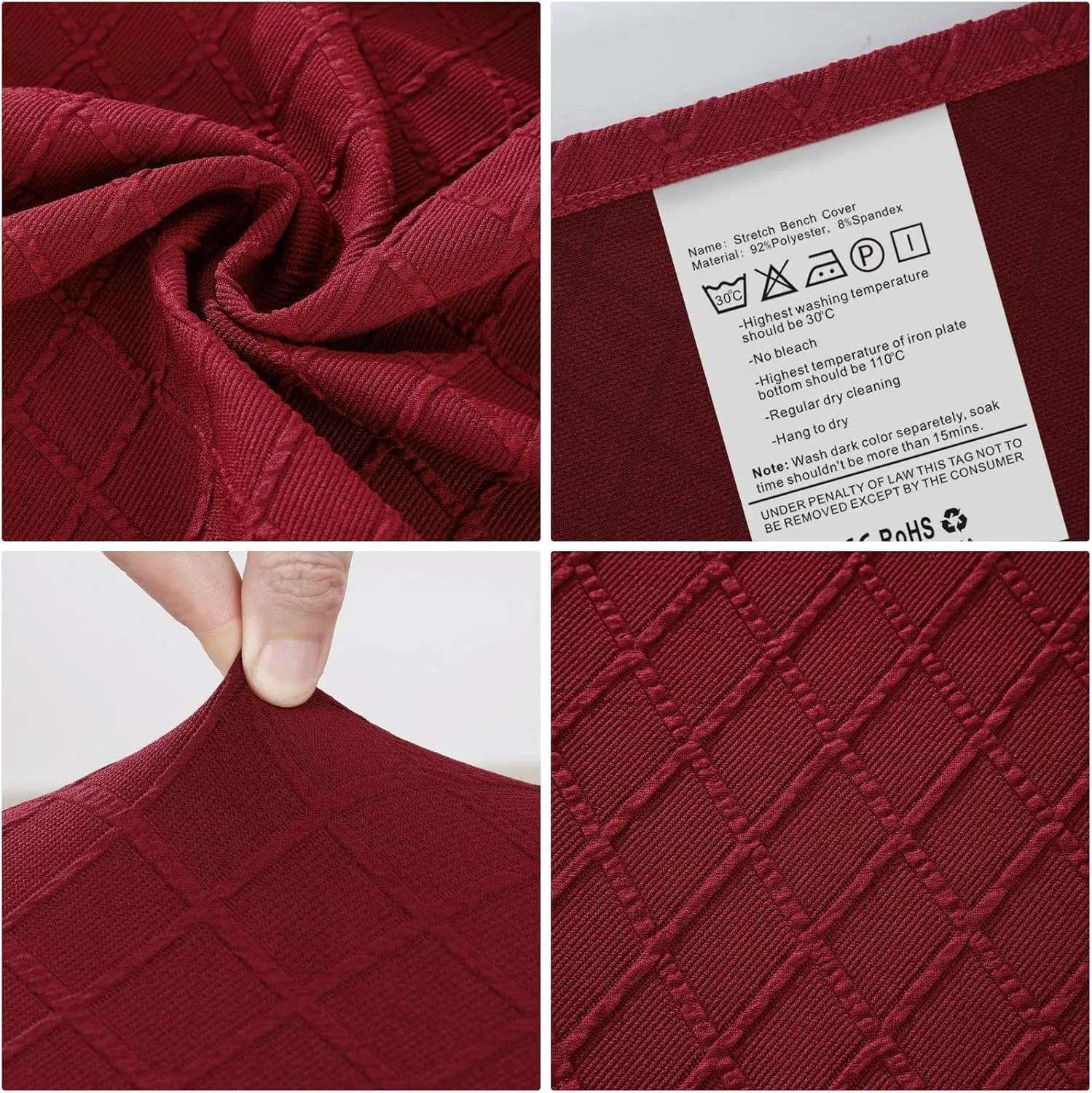 Stretch Jacquard Dining Bench Cover - Anti-Dust Removable Bench Slipcover Washable Seat Cushion Protector for Bedroom, Kitchen, Hotel, Banquet (Burgundy)