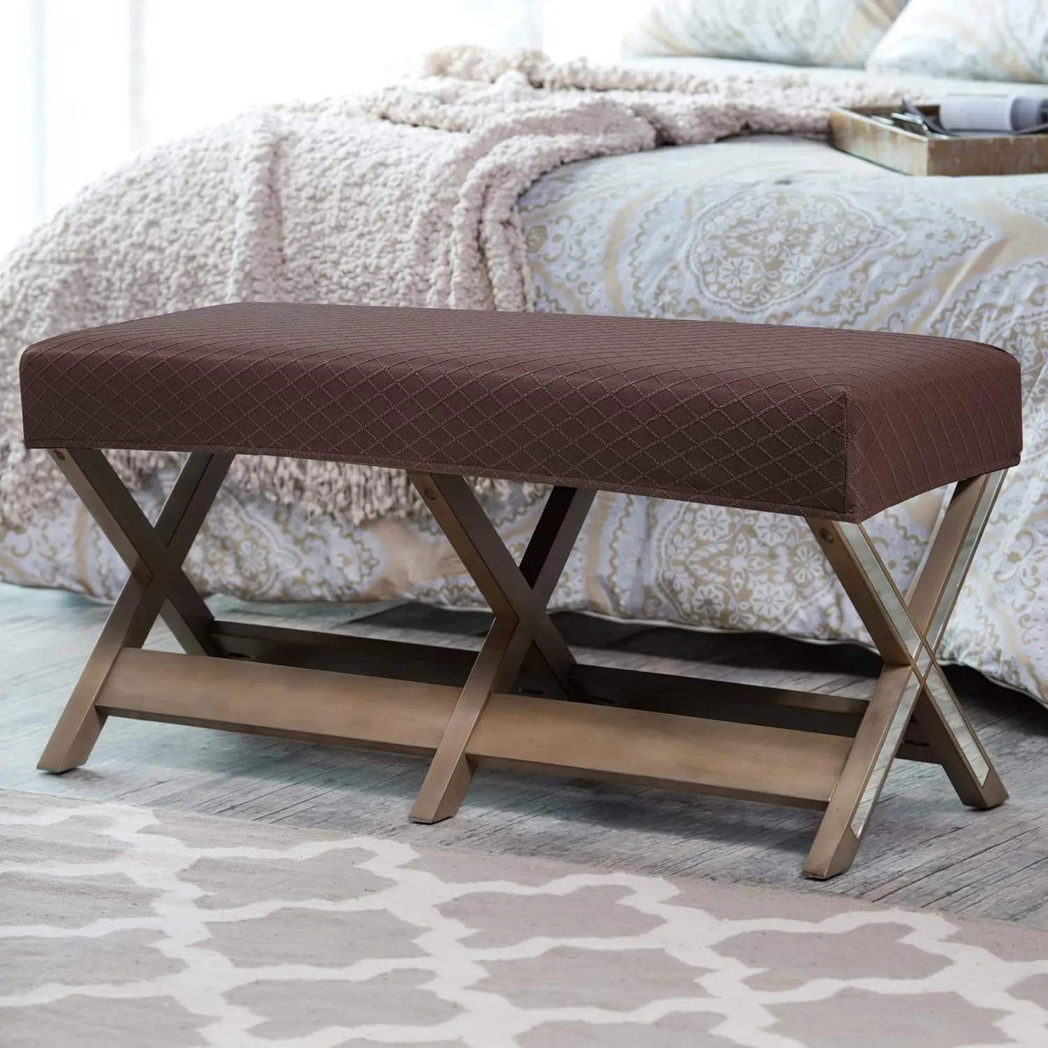 Stretch Jacquard Dining Bench Cover - Anti-Dust Removable Bench Slipcover Washable Seat Cushion Protector for Bedroom, Kitchen, Hotel, Banquet (Chocolate)