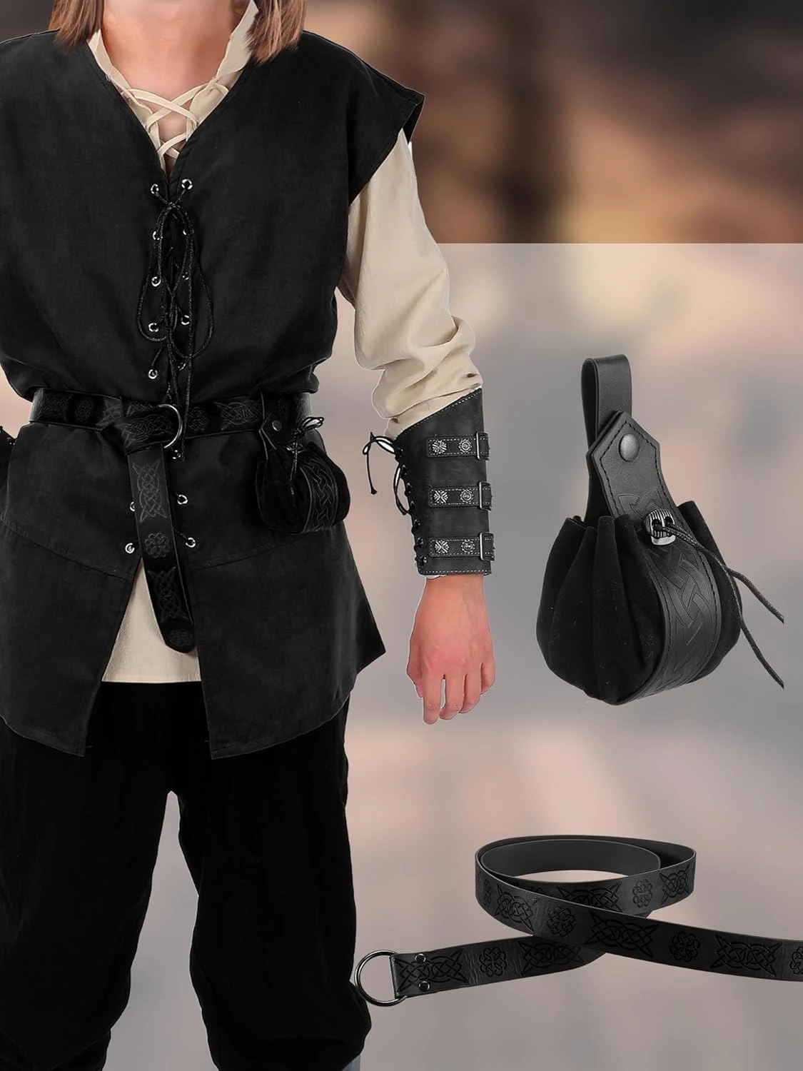 Suhine 6 Pcs Men's Halloween Renaissance Costume Set Medieval Vest Shirt Ankle Banded Pants Viking Belt Armband Pouch