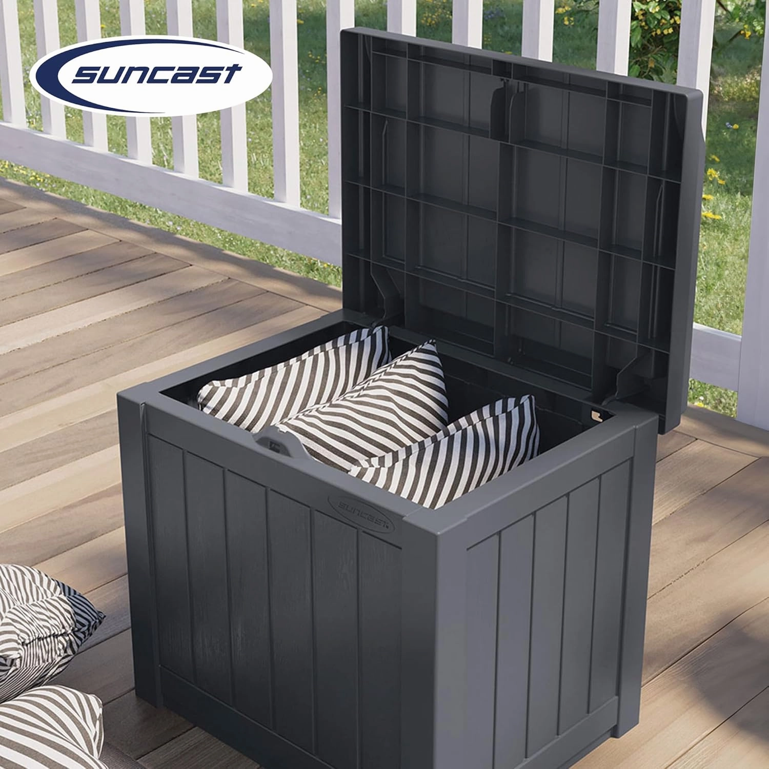 Suncast Small Deck Box Storage w/Bench Seat for Indoor & Outdoor Use, 22 Gal., Cyberspace