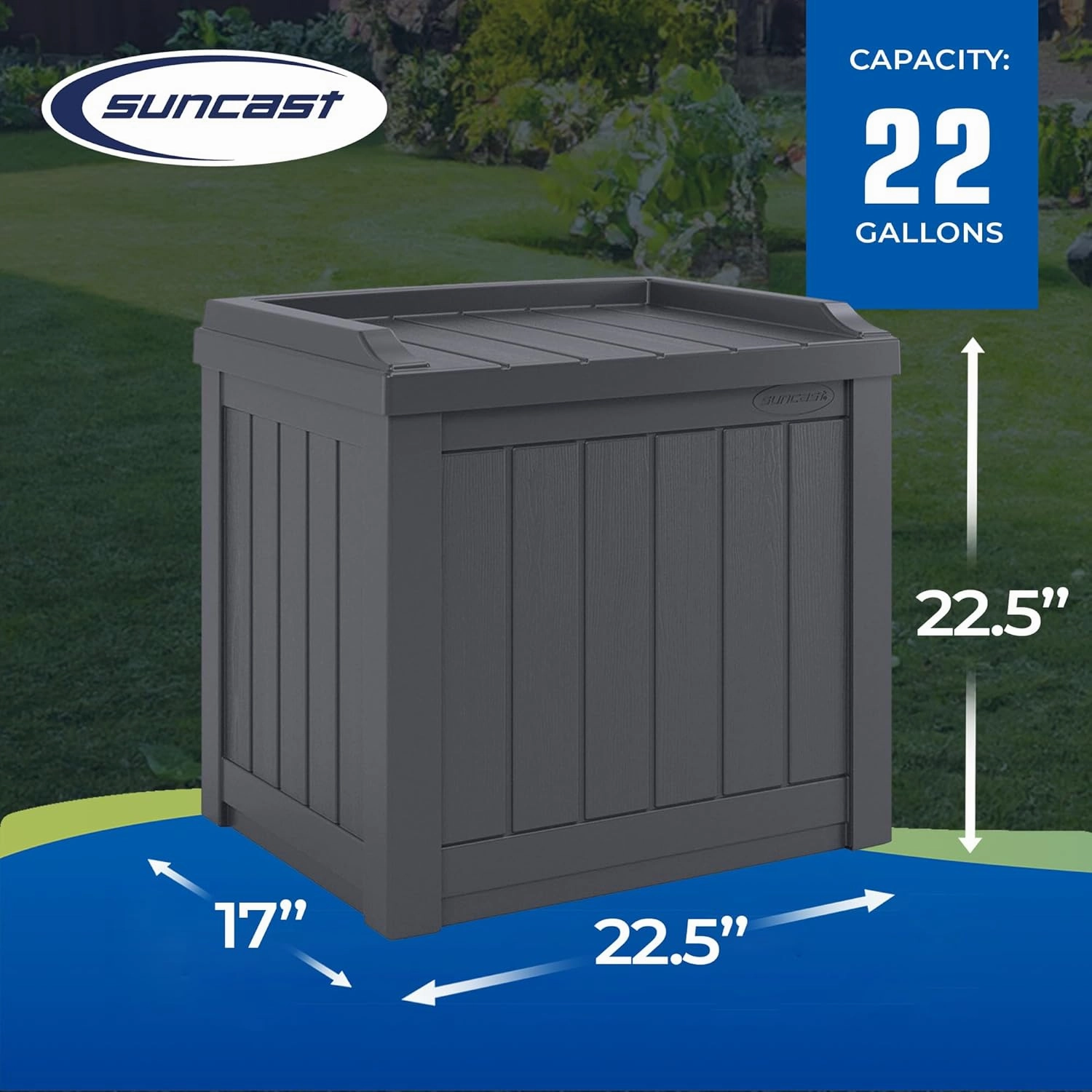 Suncast Small Deck Box Storage w/Bench Seat for Indoor & Outdoor Use, 22 Gal., Cyberspace