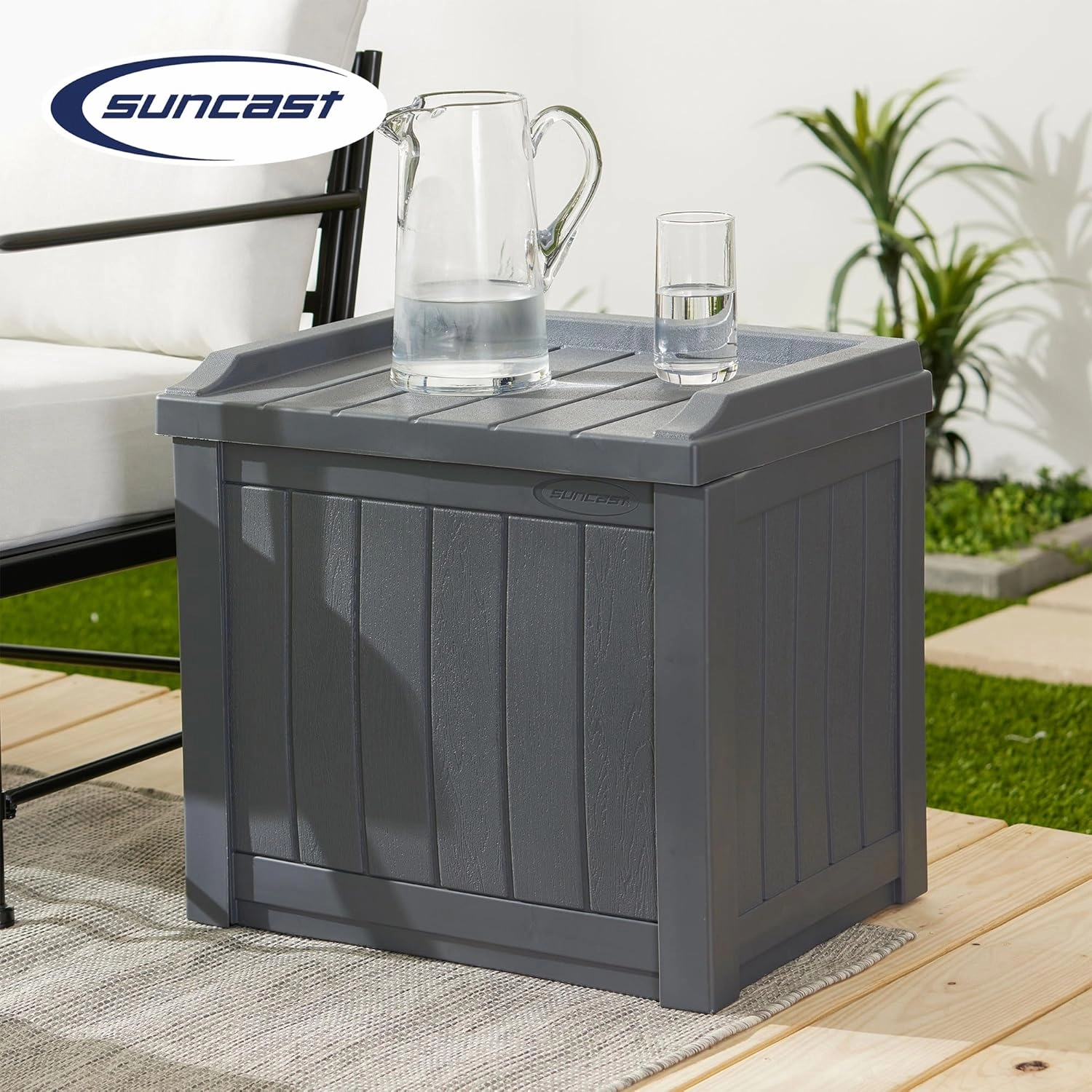 Suncast Small Deck Box Storage w/Bench Seat for Indoor & Outdoor Use, 22 Gal., Cyberspace