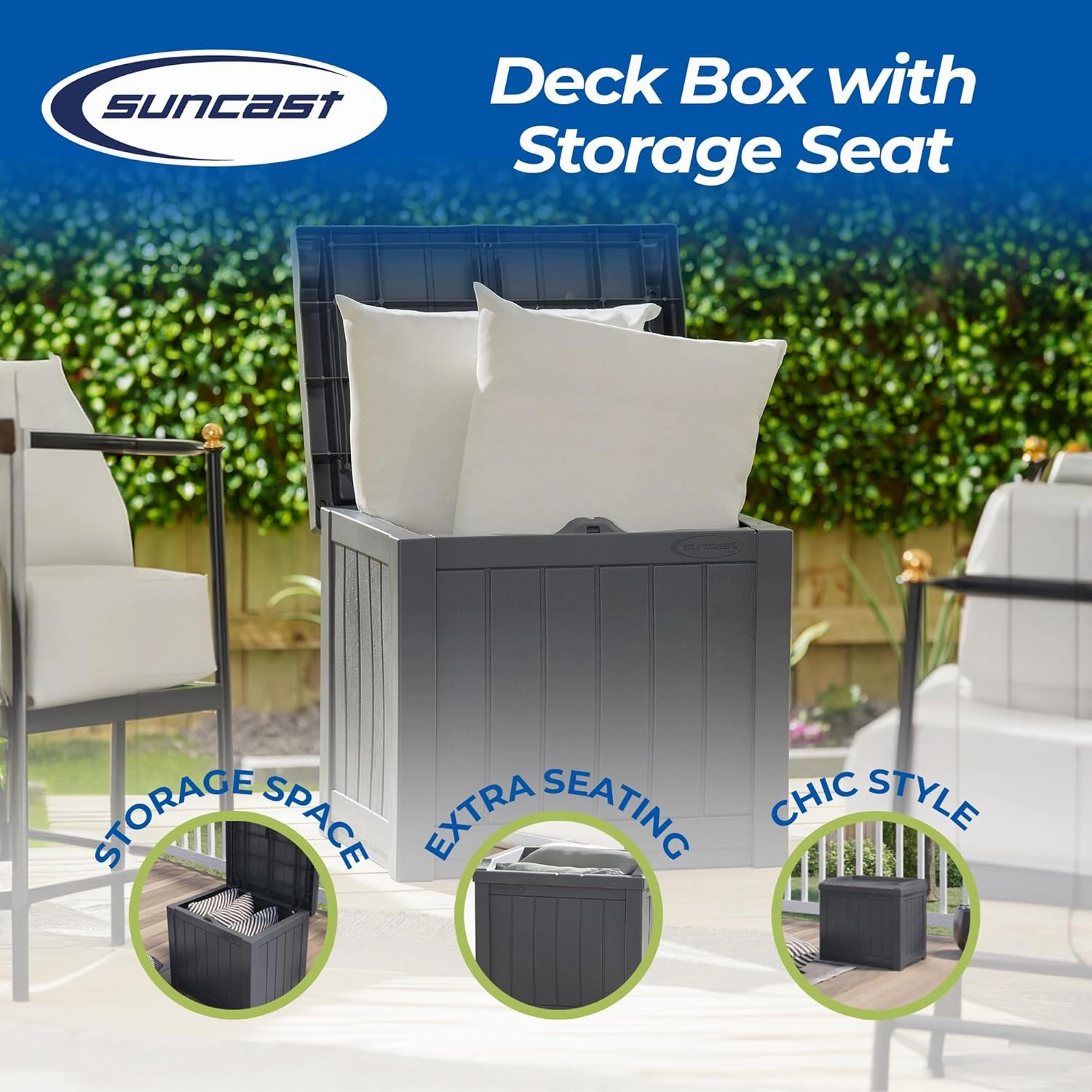 Suncast Small Deck Box Storage w/Bench Seat for Indoor & Outdoor Use, 22 Gal., Cyberspace