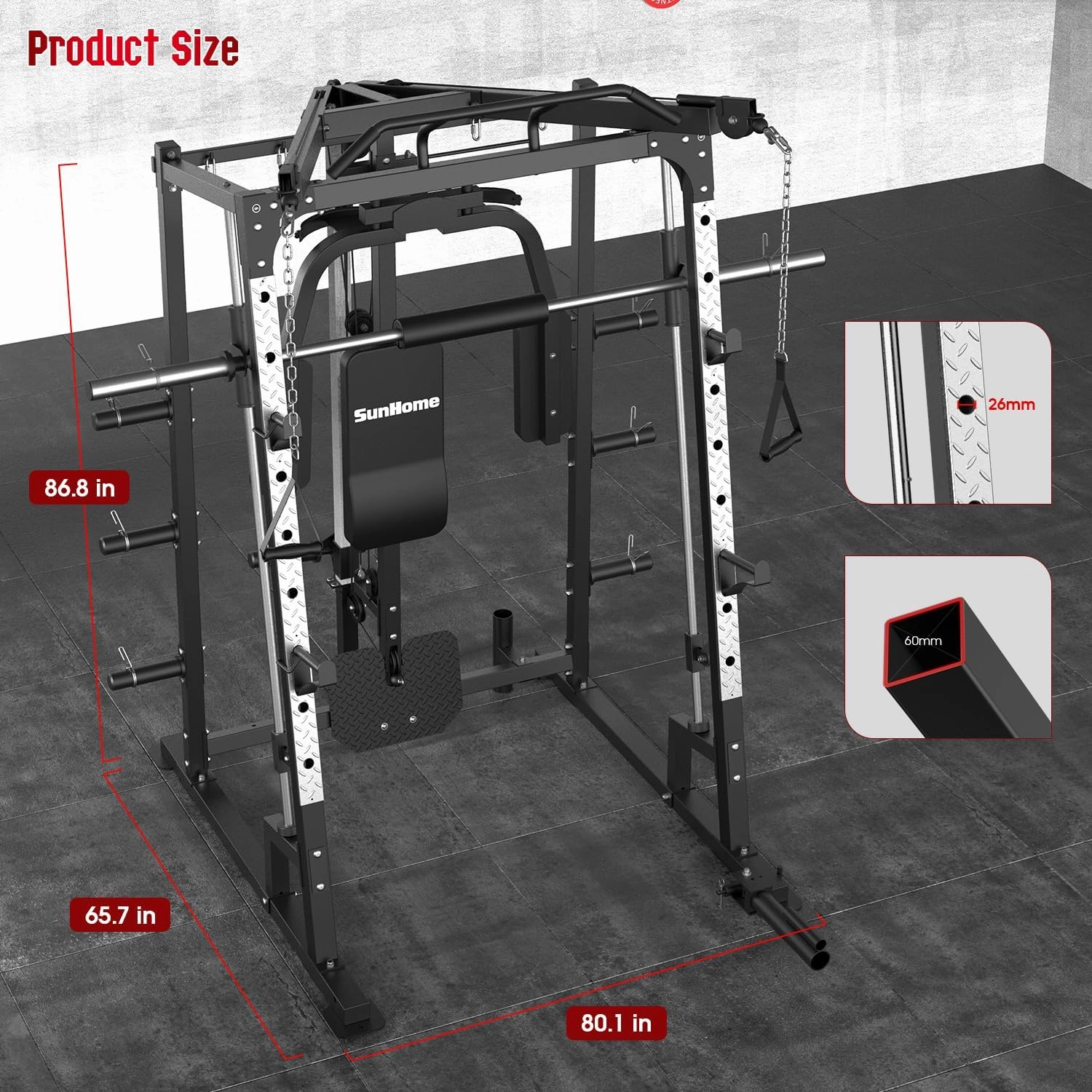 SunHome Smith Machine, 2000LBS Power Cage Squat Rack with Smith Bar, Two LAT Pull-Down Systems, Cable Crossover Machine and and More Cable Attachment for Home Gym