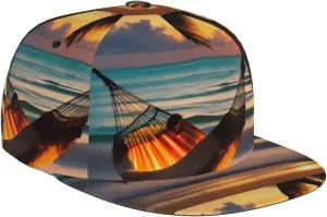 Sunset Beach Hammock Unisex Adjustable Snapback Design Hat, for Daily Wear Outdoor Activities Clothing Black