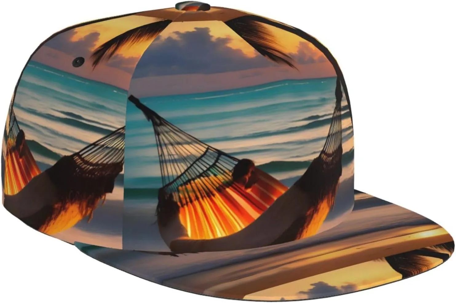Sunset Beach Hammock Unisex Adjustable Snapback Design Hat, for Daily Wear Outdoor Activities Clothing Black