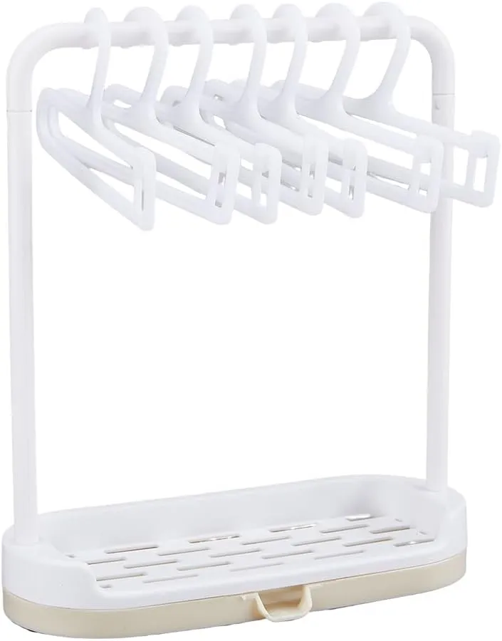 SUPERFINDINGS Plastic Doll Garment Rack with 10pcs Clothes Hanger White Mini Doll Clothes Display Stand Dress Outfit Holders Miniature Dollhouse Accessories with Storage Base for Closets 170x25x197mm