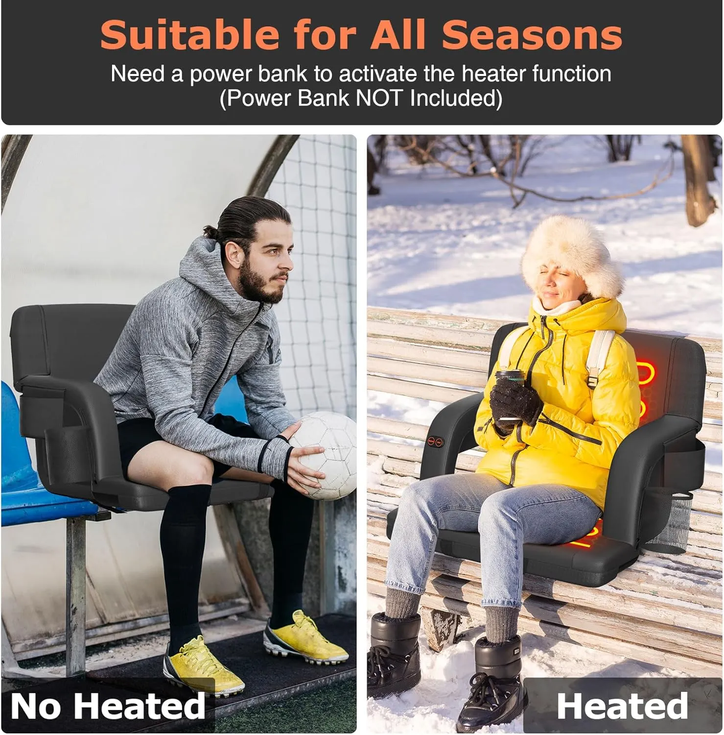 Suteck Dual-Sided Heated Stadium Seats for Bleachers with Back Support, Portable Heated Bleacher Seat with Backrest, 3 Heat Levels, 5 Pockets – Ideal for Outdoor Stadiums and Events - Black