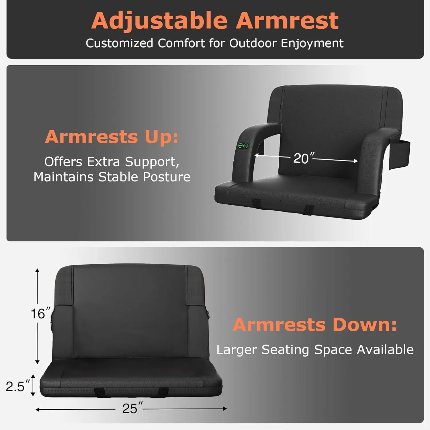 Suteck Dual-Sided Heated Stadium Seats for Bleachers with Back Support, Portable Heated Bleacher Seat with Backrest, 3 Heat Levels, 5 Pockets – Ideal for Outdoor Stadiums and Events - Black