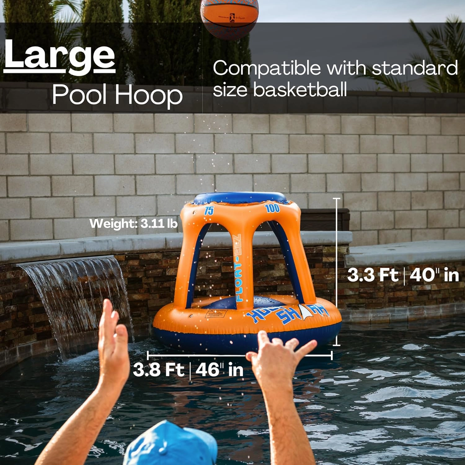 Swimming Pool Basketball Hoop Set by Hoop Shark - Orange/Blue - Inflatable Hoop with Ball - Perfect for Competitive Water Play and Trick Shots - Ultimate Summer Toy