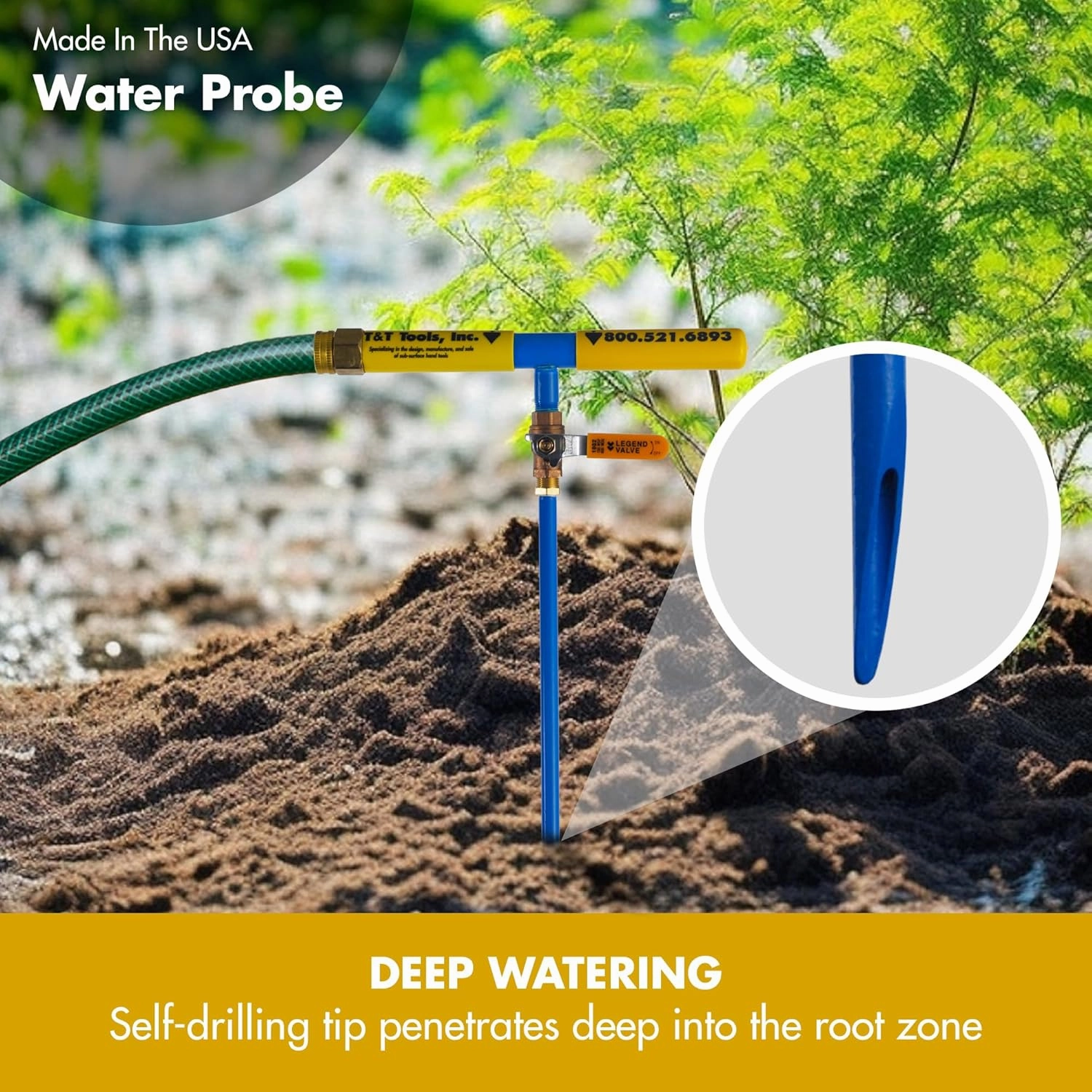 T&T Tools 48 Inch Water Probe - Steel Deep Root Irrigator for Trees - Professional Drip Irrigation Tool with Self Drilling Tip- Brass Valve -Deep Drip Watering Stakes for Efficient Deep Root Hydration