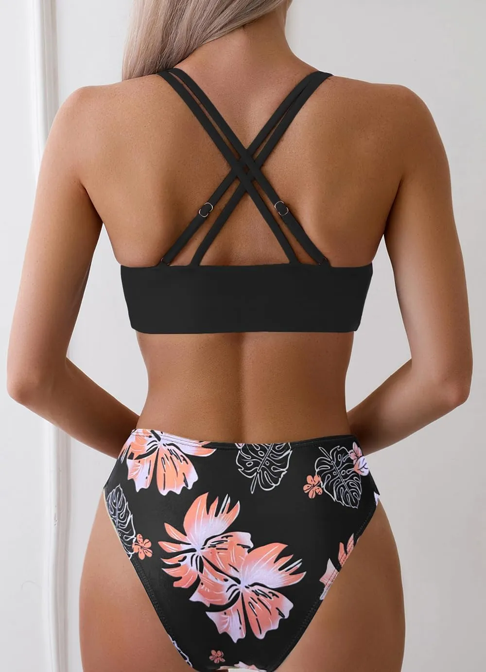 Tainehs Women's Push Up V Neck Bikini Sets Criss Cross Back Two Piece Bathing Suit