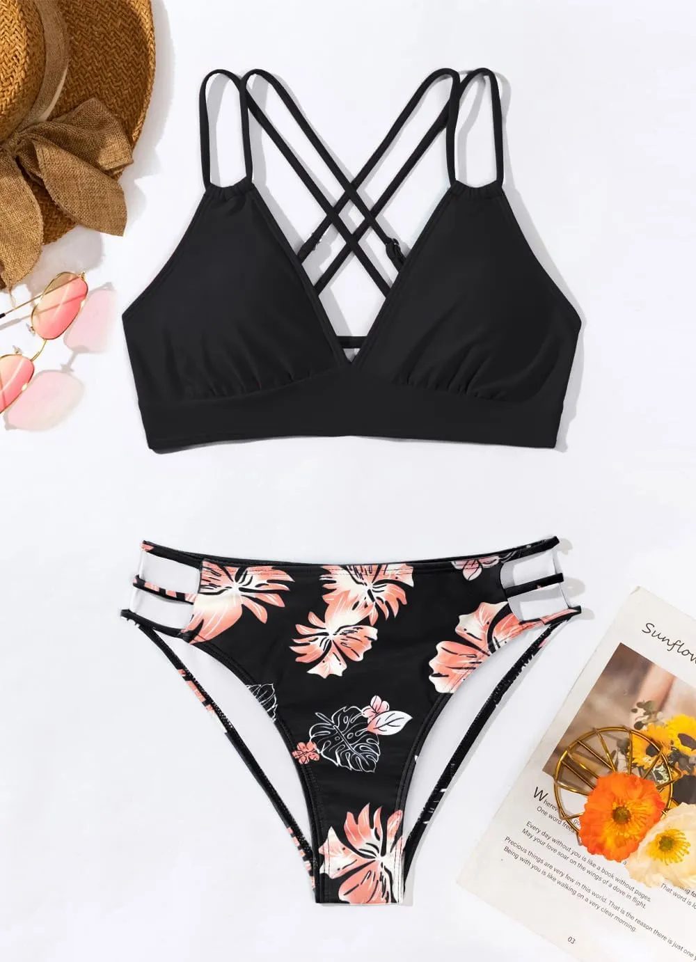 Tainehs Women's Push Up V Neck Bikini Sets Criss Cross Back Two Piece Bathing Suit