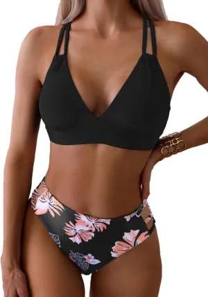Tainehs Women's Push Up V Neck Bikini Sets Criss Cross Back Two Piece Bathing Suit