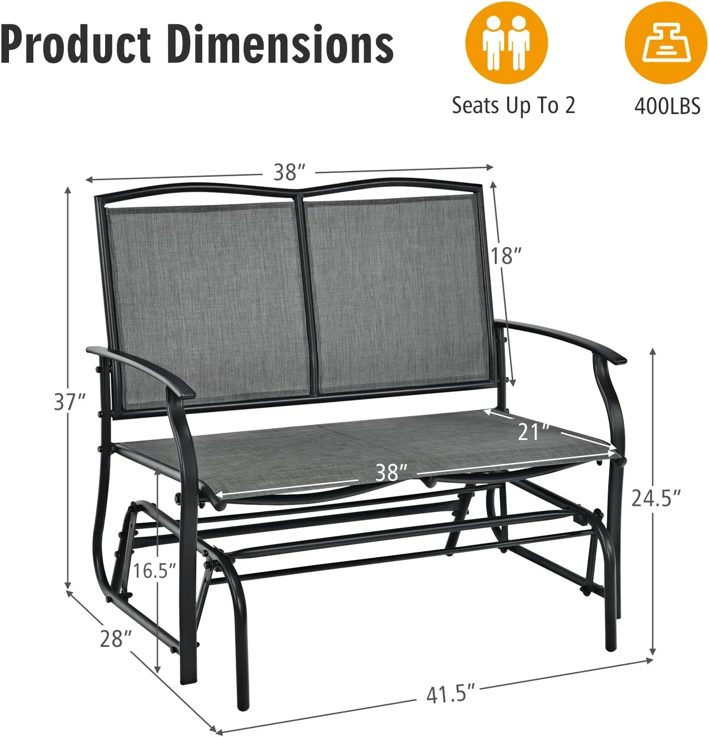 Tangkula 2-Person Patio Glider Bench, Outdoor Rocker Glider Loveseat Chair W/Heavy-Duty Steel Frame, Breathable Seat Fabric, Rocking Lounge Chair for Poolside, Garden, Backyard (Grey)