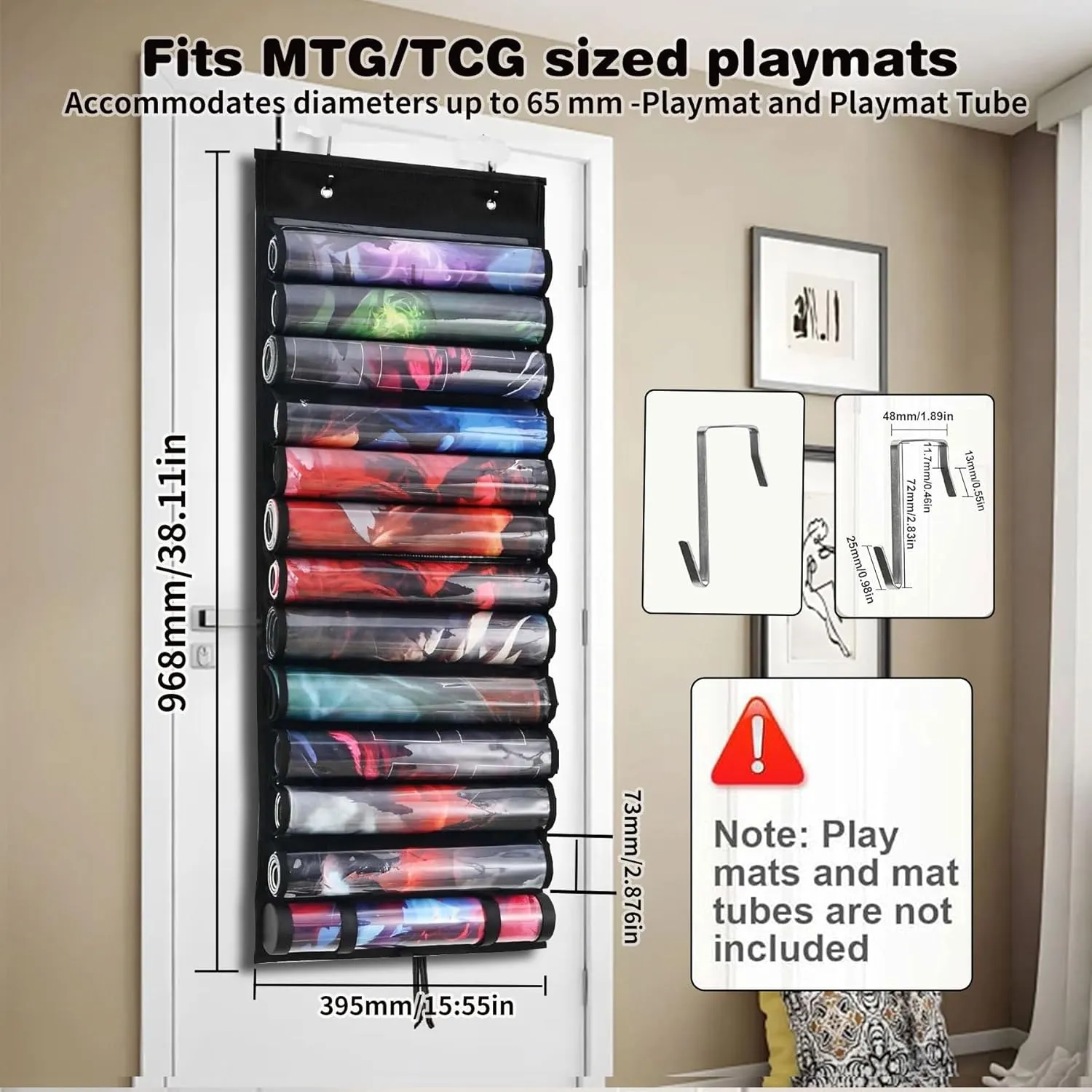 TCG Playmat Tube Storage Bag with Clear Display Panels - Compact Hanging Storage for MTG & RPG Mats, Multi-Pocket Carrier & Protector with 2 Hooks，Fits 12 1 Game Mats (38x15in)