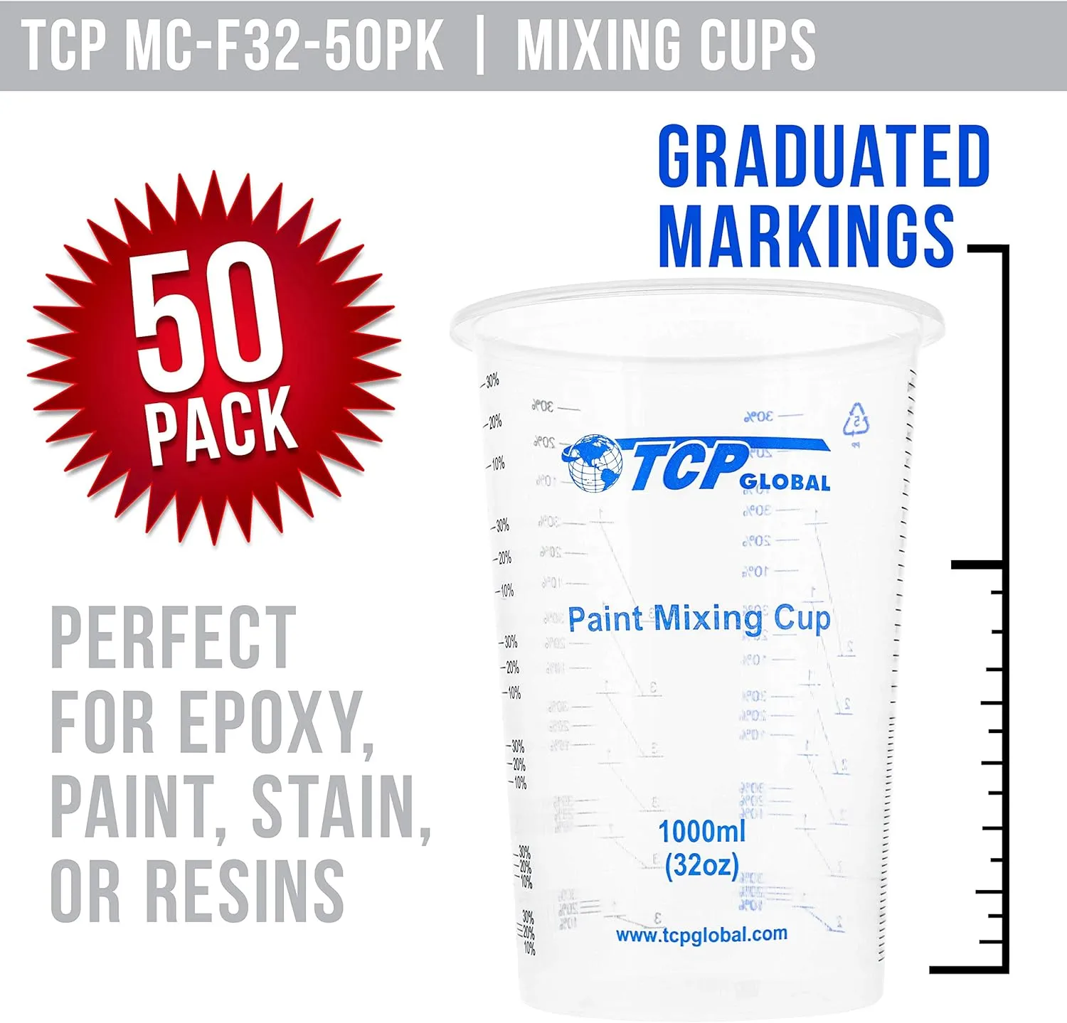 TCP Global 32 Ounce (1000ml) Disposable Flexible Clear Graduated Plastic Mixing Cups - Box of 50 Cups - Use for Paint, Resin, Epoxy, Art, Kitchen, Cooking, Baking - Measuring Ratios 2-1, 3-1, 4-1, ML