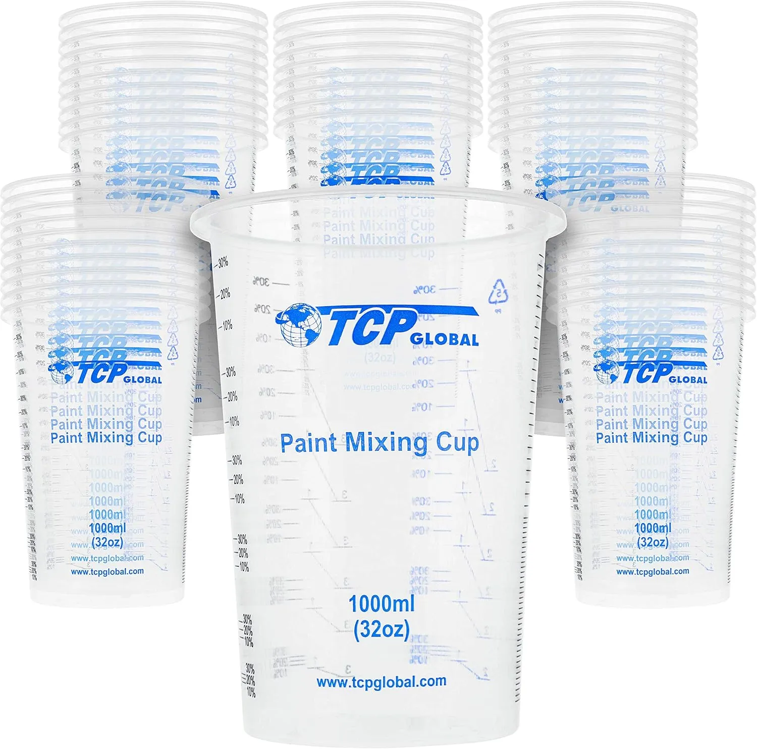 TCP Global 32 Ounce (1000ml) Disposable Flexible Clear Graduated Plastic Mixing Cups - Box of 50 Cups - Use for Paint, Resin, Epoxy, Art, Kitchen, Cooking, Baking - Measuring Ratios 2-1, 3-1, 4-1, ML