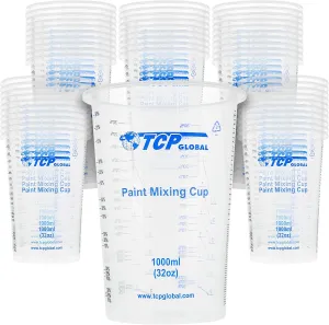 TCP Global 32 Ounce (1000ml) Disposable Flexible Clear Graduated Plastic Mixing Cups - Box of 50 Cups - Use for Paint, Resin, Epoxy, Art, Kitchen, Cooking, Baking - Measuring Ratios 2-1, 3-1, 4-1, ML