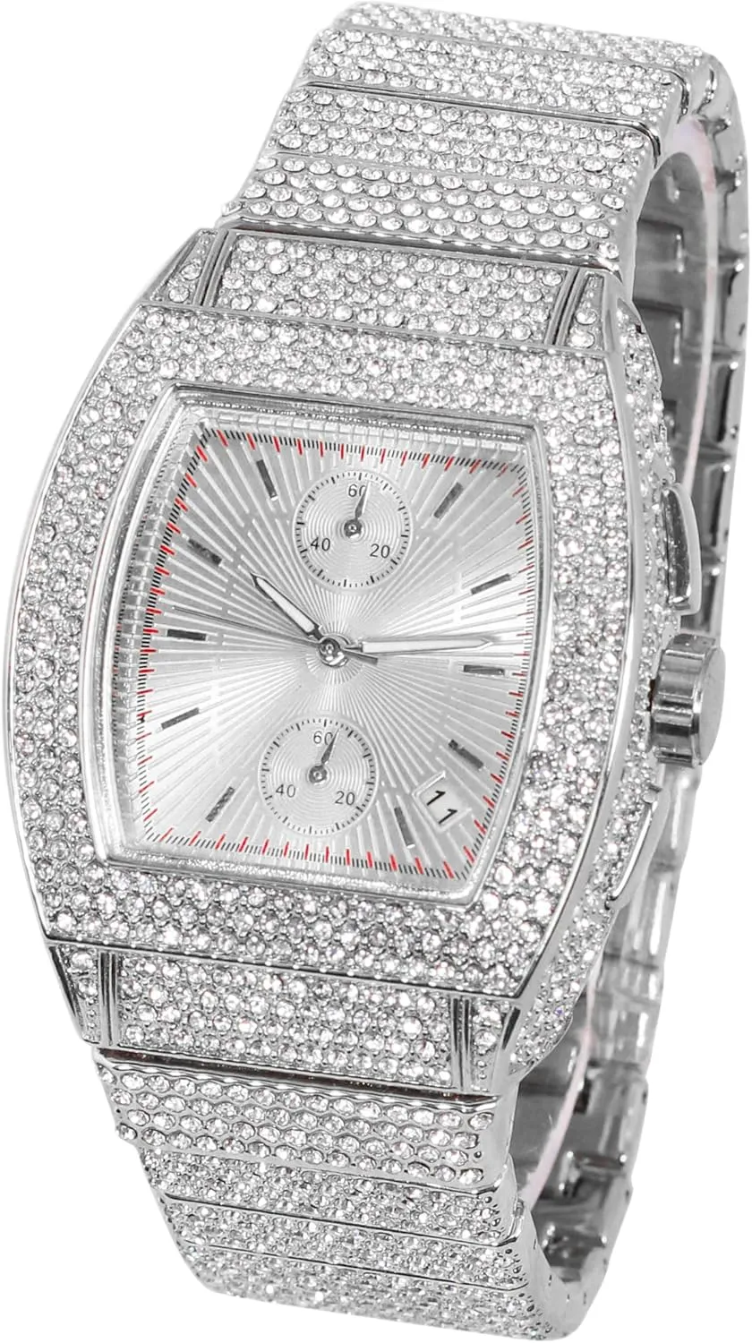 Techno Pave Men's 39mm Iced Out Tonneau Watch - Luxury Hip-Hop Style, Quartz Movement